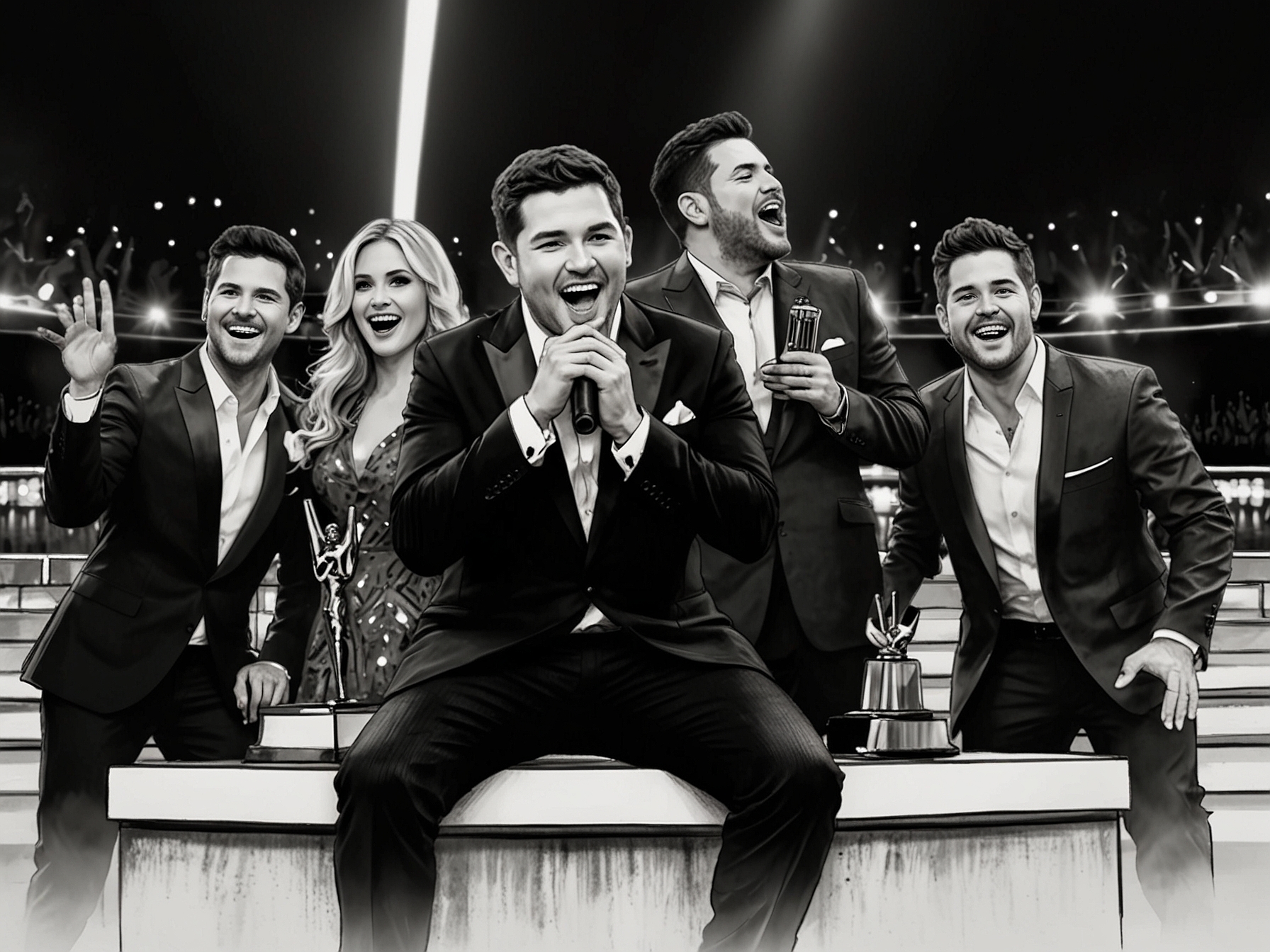 Sofronio Vasquez celebrating his victory on The Voice, holding the championship trophy while surrounded by fellow contestants and Michael Bublé, highlighting the emotional essence of the moment.