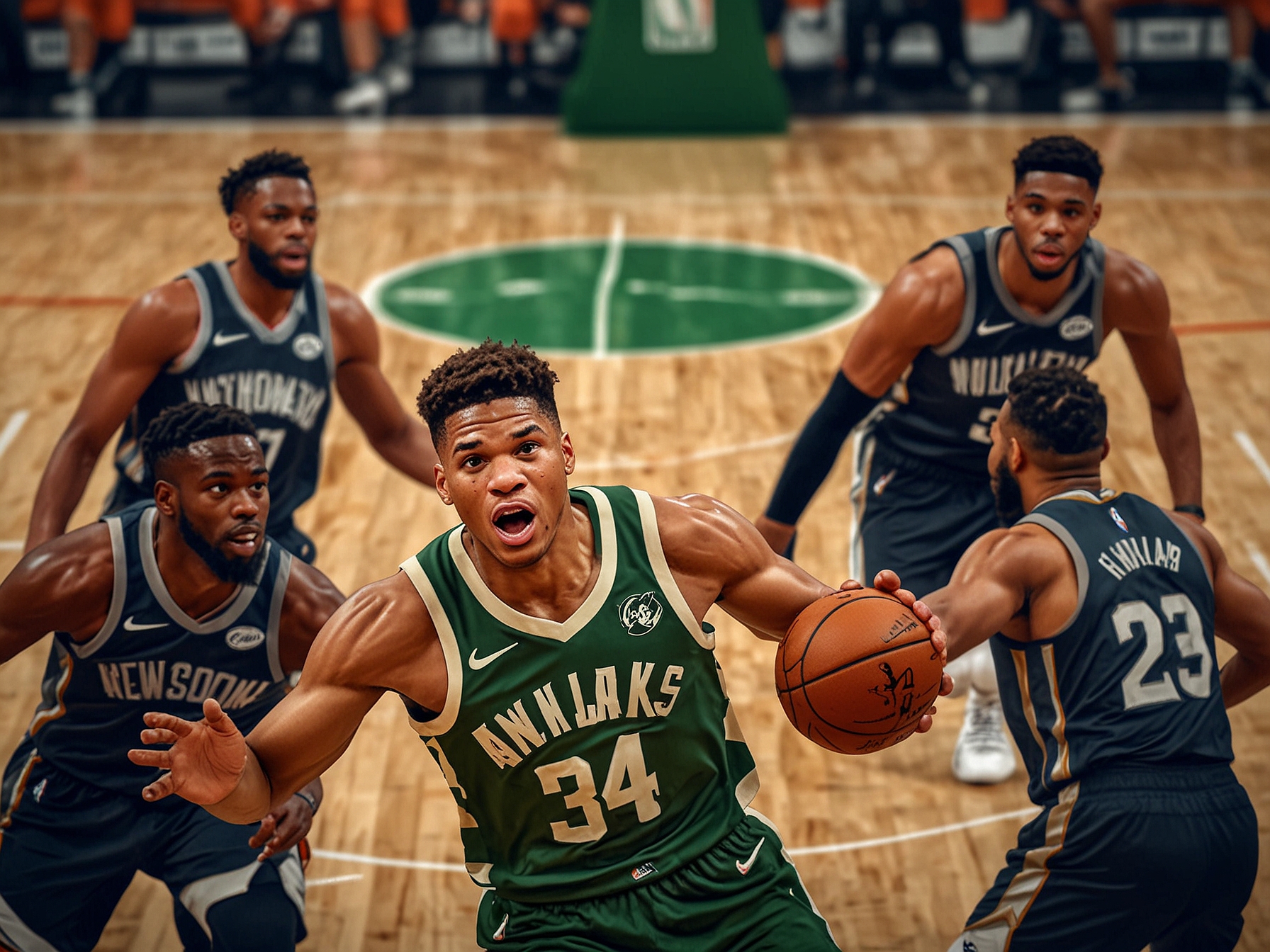 An intense game moment depicting Giannis Antetokounmpo driving towards the basket, surrounded by defenders, showcasing the high stakes of the NBA Cup semifinals.
