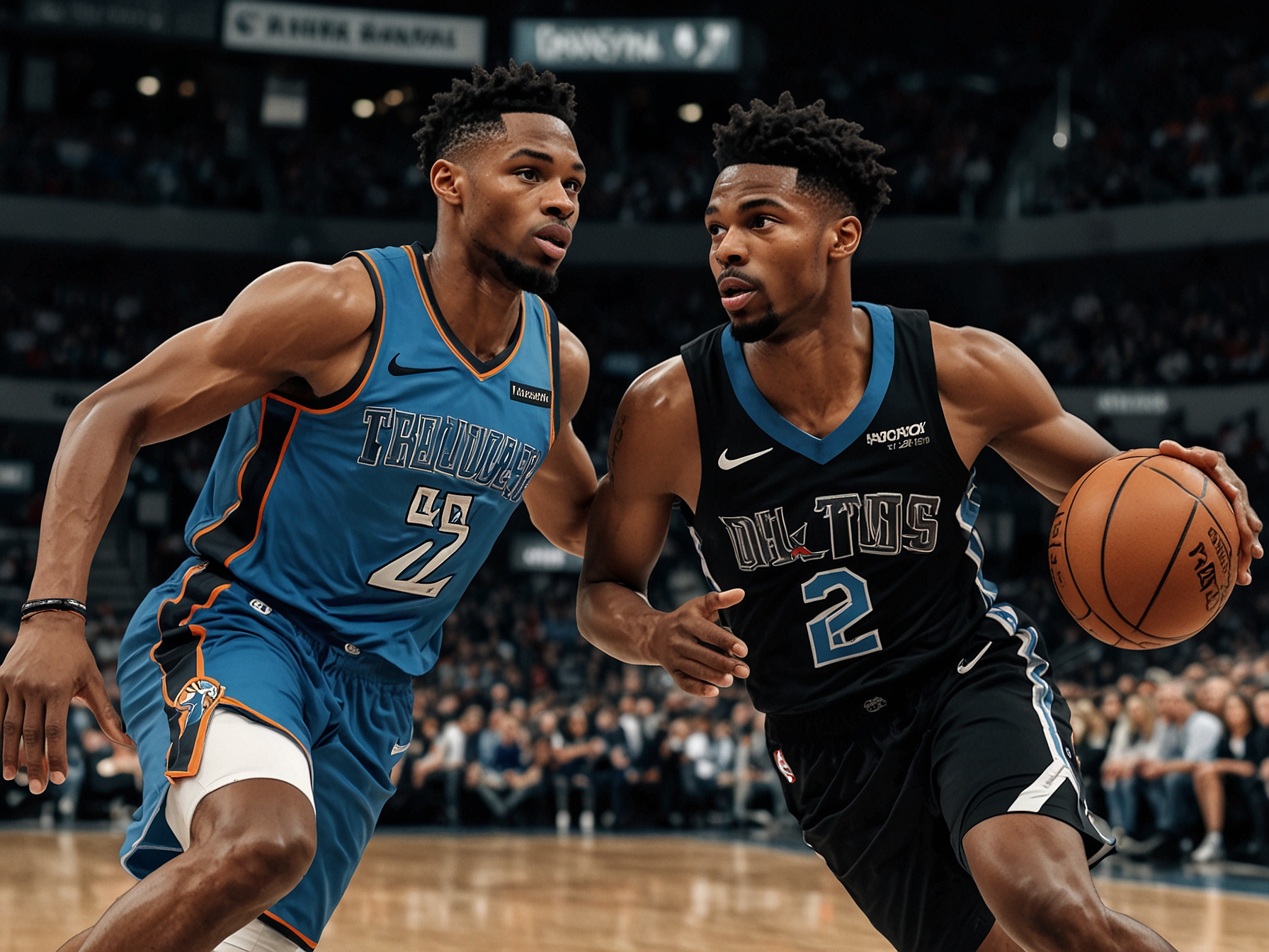 Shai Gilgeous-Alexander driving towards the basket while Luka Dončić attempts to defend during a crucial NBA Cup matchup between the Oklahoma City Thunder and the Dallas Mavericks.
