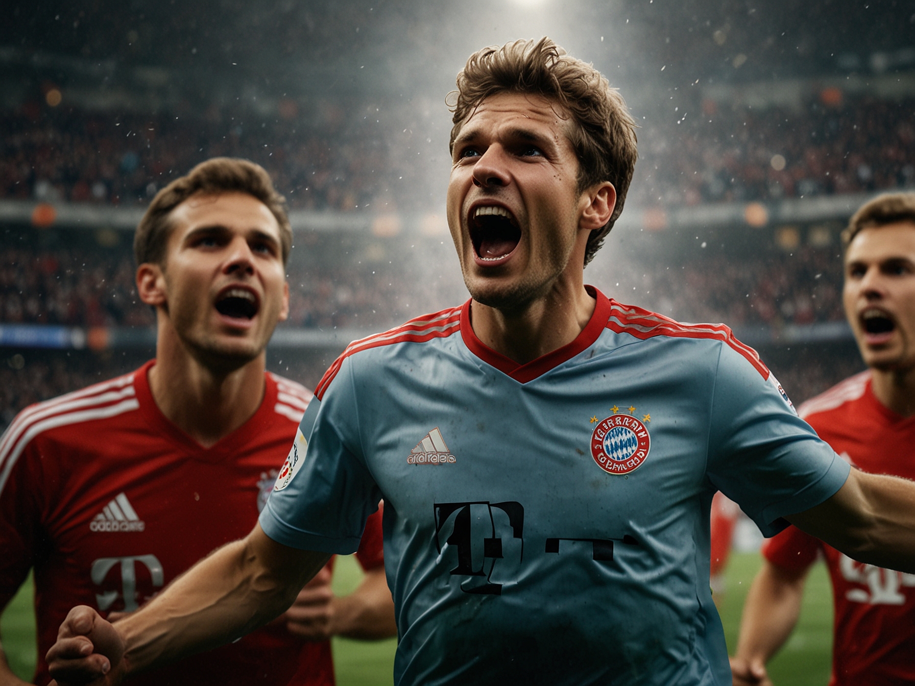 Thomas Mueller celebrating after scoring a crucial goal for Bayern Munich during the Champions League match against Shakhtar Donetsk, with teammates rallying around him in joyous celebration.