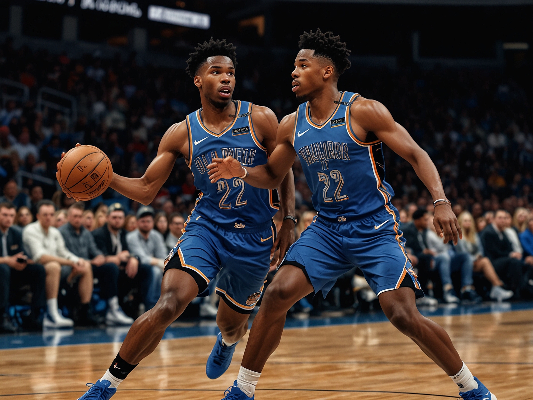 Thunder fans cheering wildly in the stands, waving banners and wearing team colors, celebrating their team's victory in a packed arena after their match against the Mavericks.