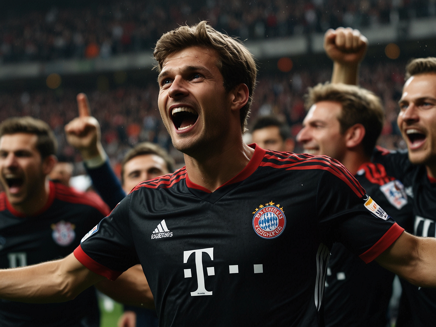 Vincent Kompany praising Thomas Mueller post-match, emphasizing the importance of experienced players in high-pressure games, with the vibrant stadium atmosphere in the background.