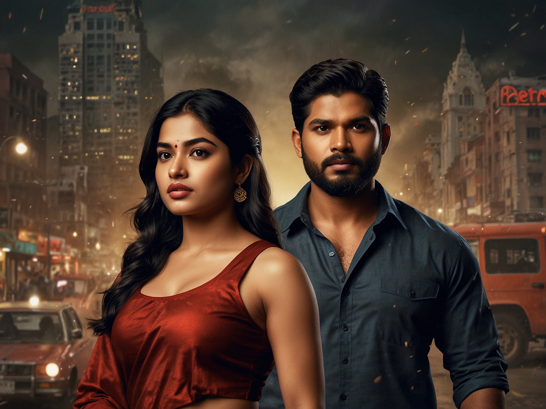 A promotional poster of Pushpa 2 featuring Allu Arjun and Rashmika Mandanna, showcasing their intense expressions against a backdrop of a bustling city and action sequences, representing the film's dramatic essence.