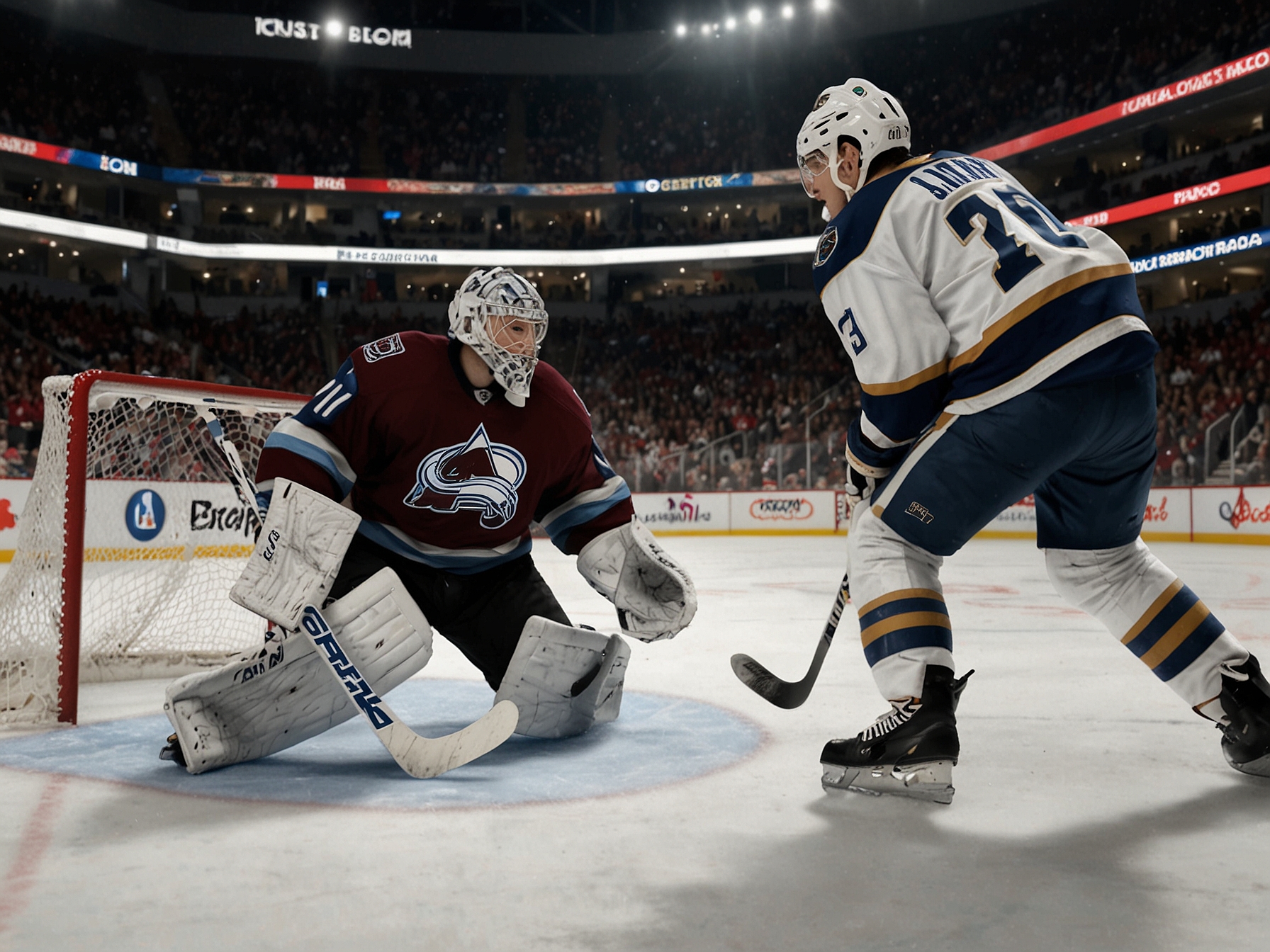 A tense moment from the ice, capturing Tristan Jarry in full goalie gear, preparing to defend the net against an approaching Colorado Avalanche player, showcasing determination.