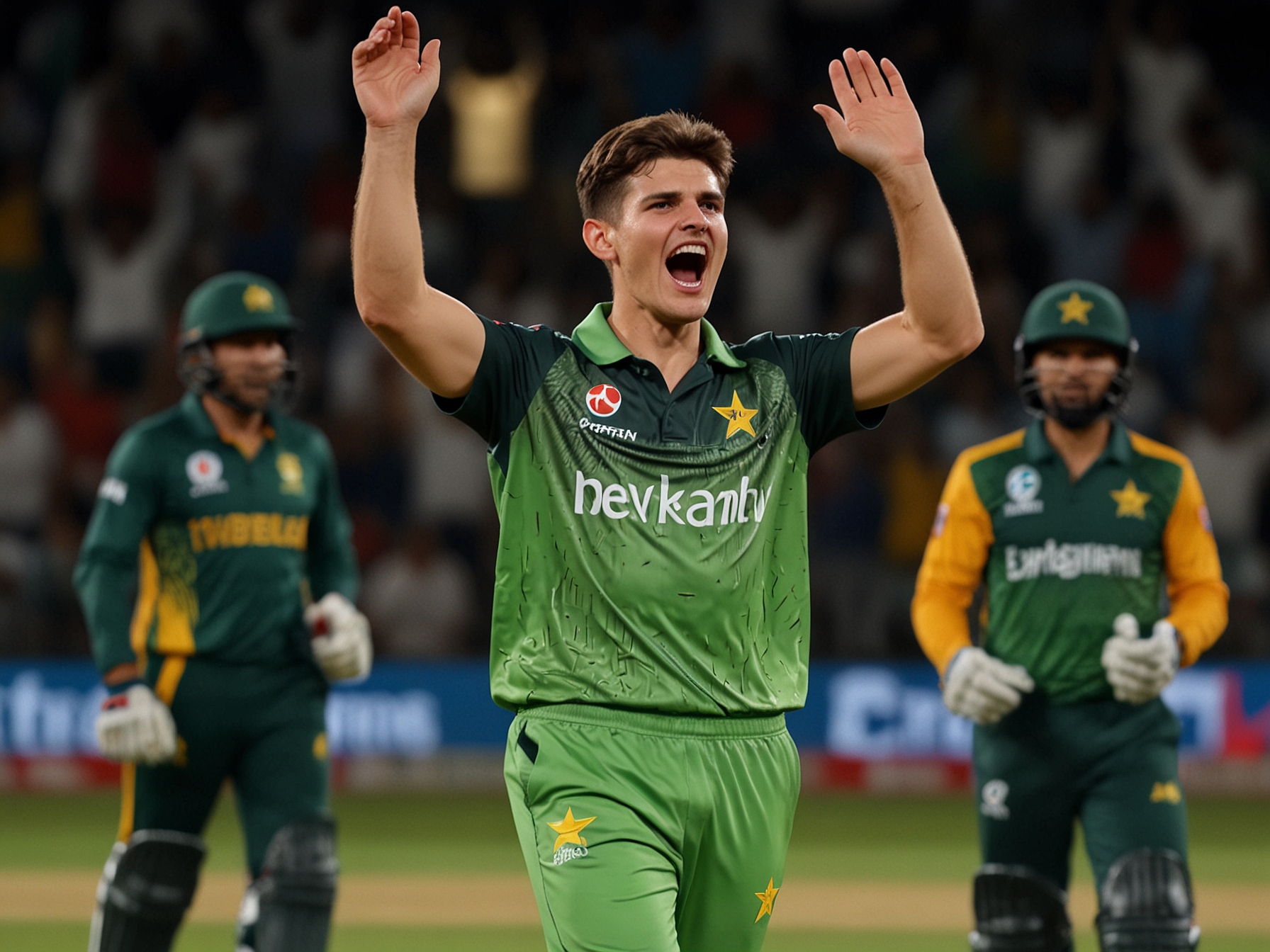 Shaheen Afridi celebrating after taking a wicket during the T20I match against South Africa in Durban, with fans cheering in the background.