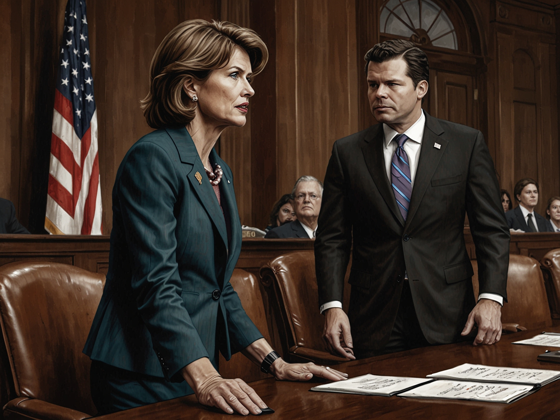 An image showing Senator Lisa Murkowski and Pete Hegseth in a tense meeting, representing the conflict between political loyalty and ethical scrutiny during the Cabinet confirmation process.
