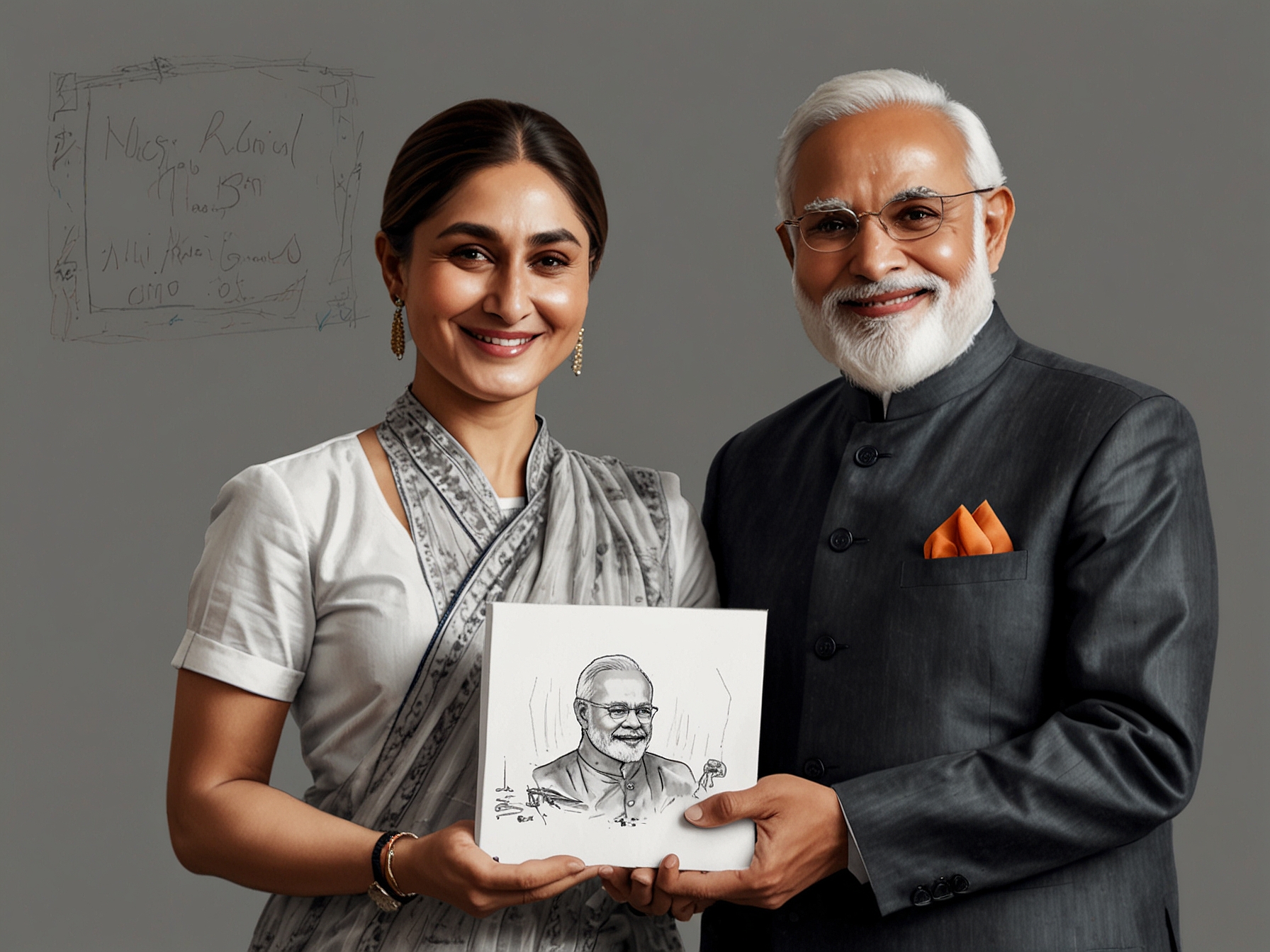 An image of Kareena Kapoor smiling alongside Prime Minister Modi as they hold a note, symbolizing a heartfelt connection to family legacy and warm moments.