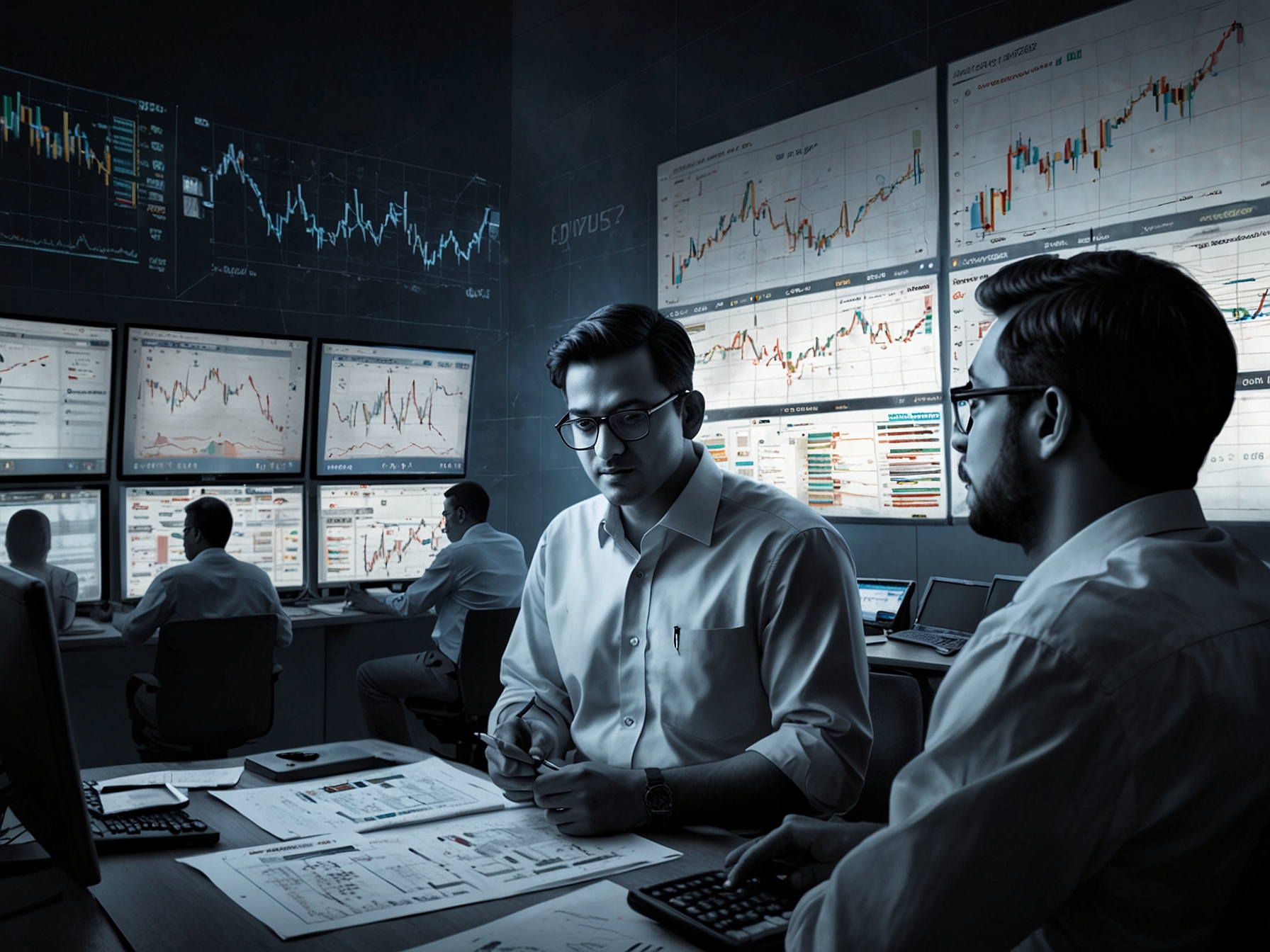 An image showing a bustling stock market scene with investors analyzing IPO charts and news regarding Vishal Mega Mart, Mobikwik, and Sai Life Sciences.