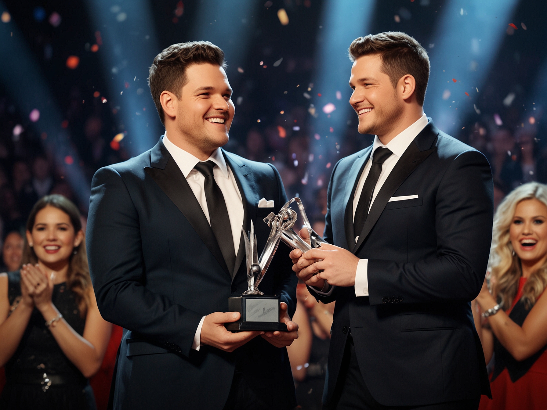 A triumphant Sofronio Vasquez holding his trophy on stage during the finale of 'The Voice', with confetti falling around him as he shares an emotional moment with his coach Michael Bublé.