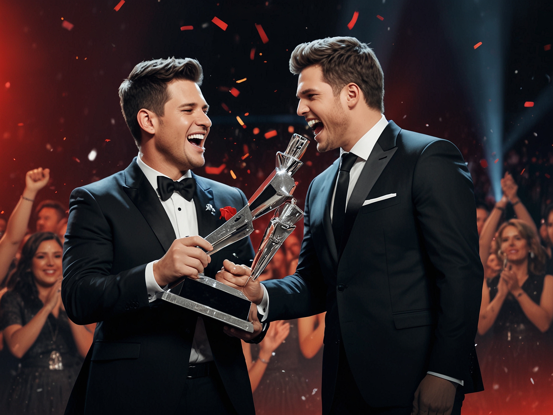 Michael Bublé embraces Sofronio Vasquez after his historic win on 'The Voice', both beaming with joy and pride while celebrating their bond and success together.