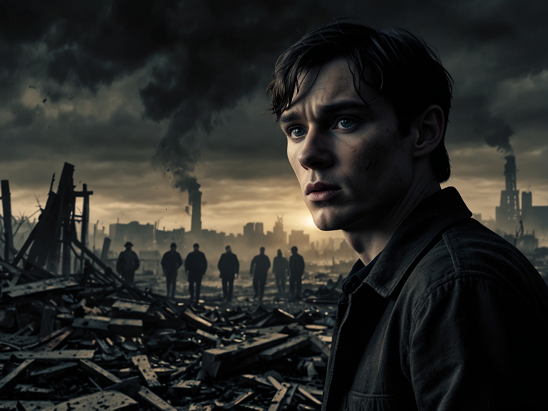The image showcases a dark and gritty scene from '28 Years Later', featuring Cillian Murphy's character in the foreground, looking distressed amidst a backdrop of chaos and destruction. The landscape is filled with eerie shadows and silhouettes of infected figures.