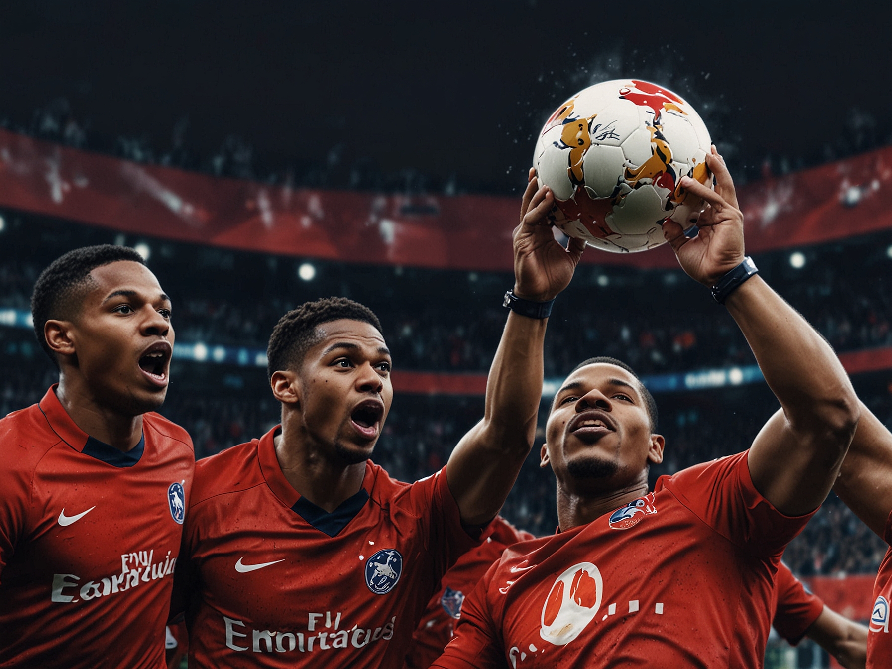 An intense football match scene, showcasing Red Bull Salzburg players in their red jerseys facing off against PSG. The expression of determination contrasts sharply with the overwhelming presence of PSG's star players like Mbappe.