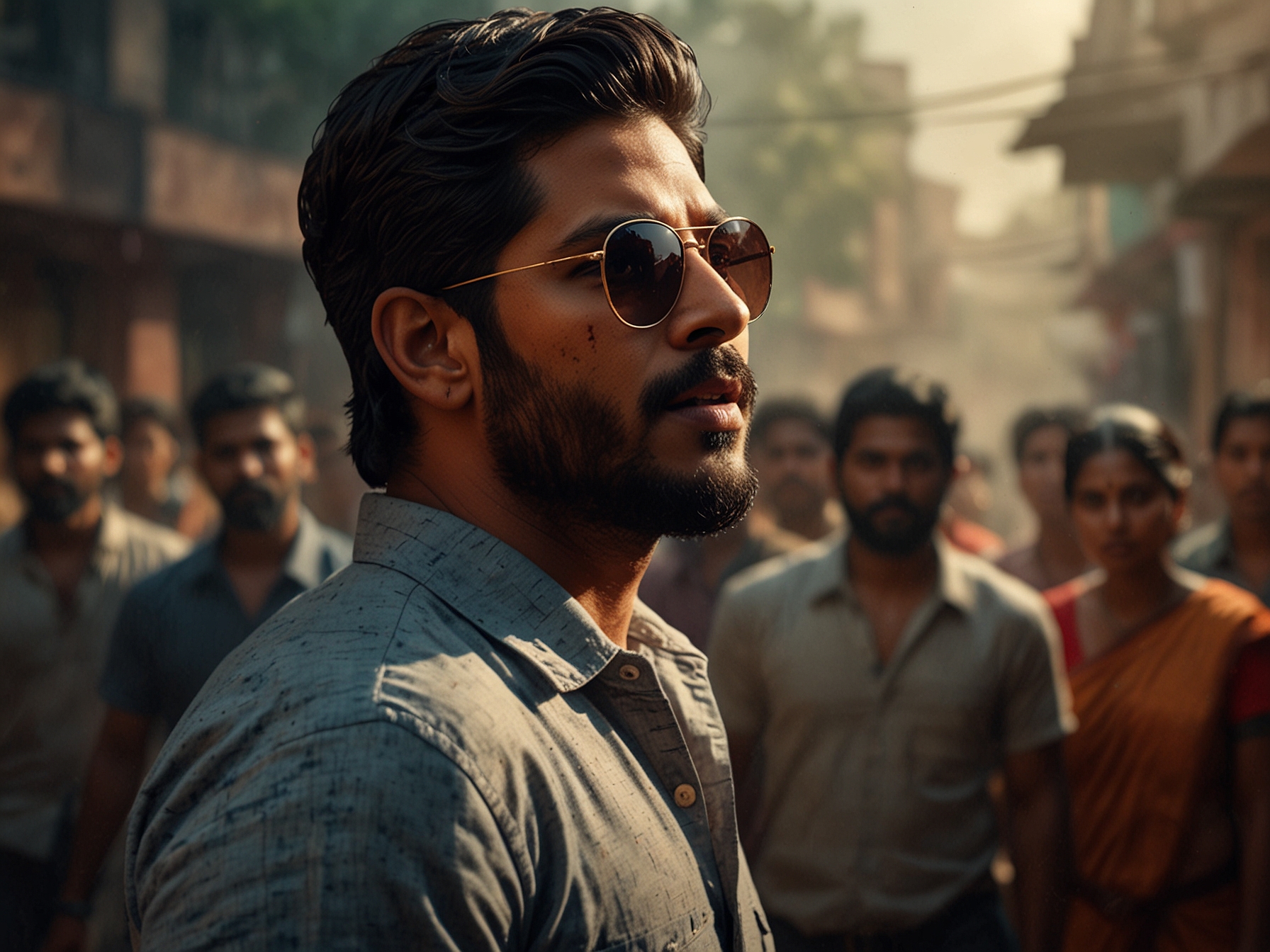 A vibrant scene from Pushpa 2 showcasing Allu Arjun's intense expression, captured during a dramatic moment. The film's rich visuals and engaging storytelling elements are evident in the background, highlighting the film's production quality.