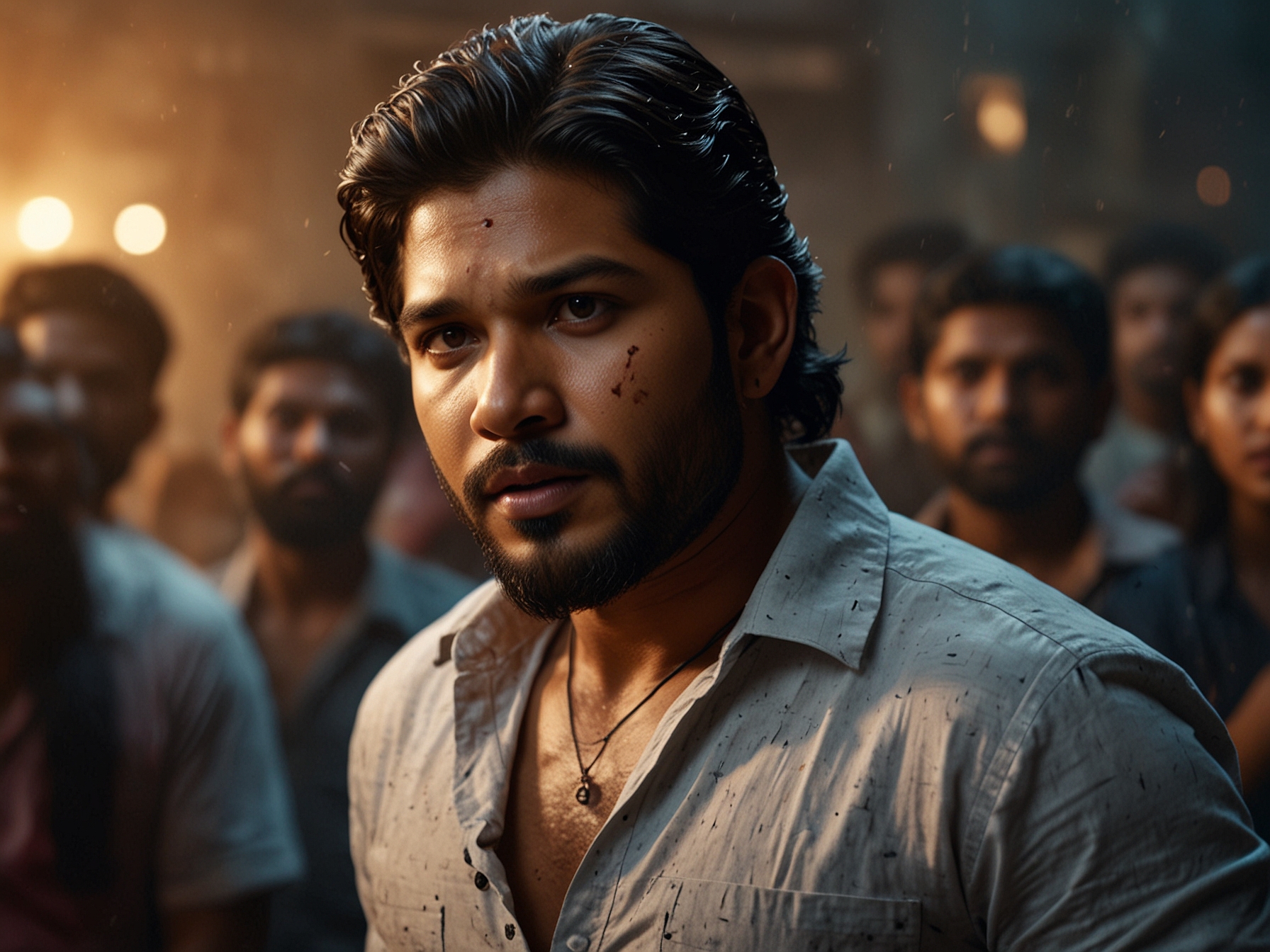 An ensemble cast shot featuring Allu Arjun, Rashmika Mandanna, and Fahadh Faasil in character, demonstrating their strong chemistry and emotional depth. The vibrant colors and dynamic poses emphasize the film's cultural narrative.