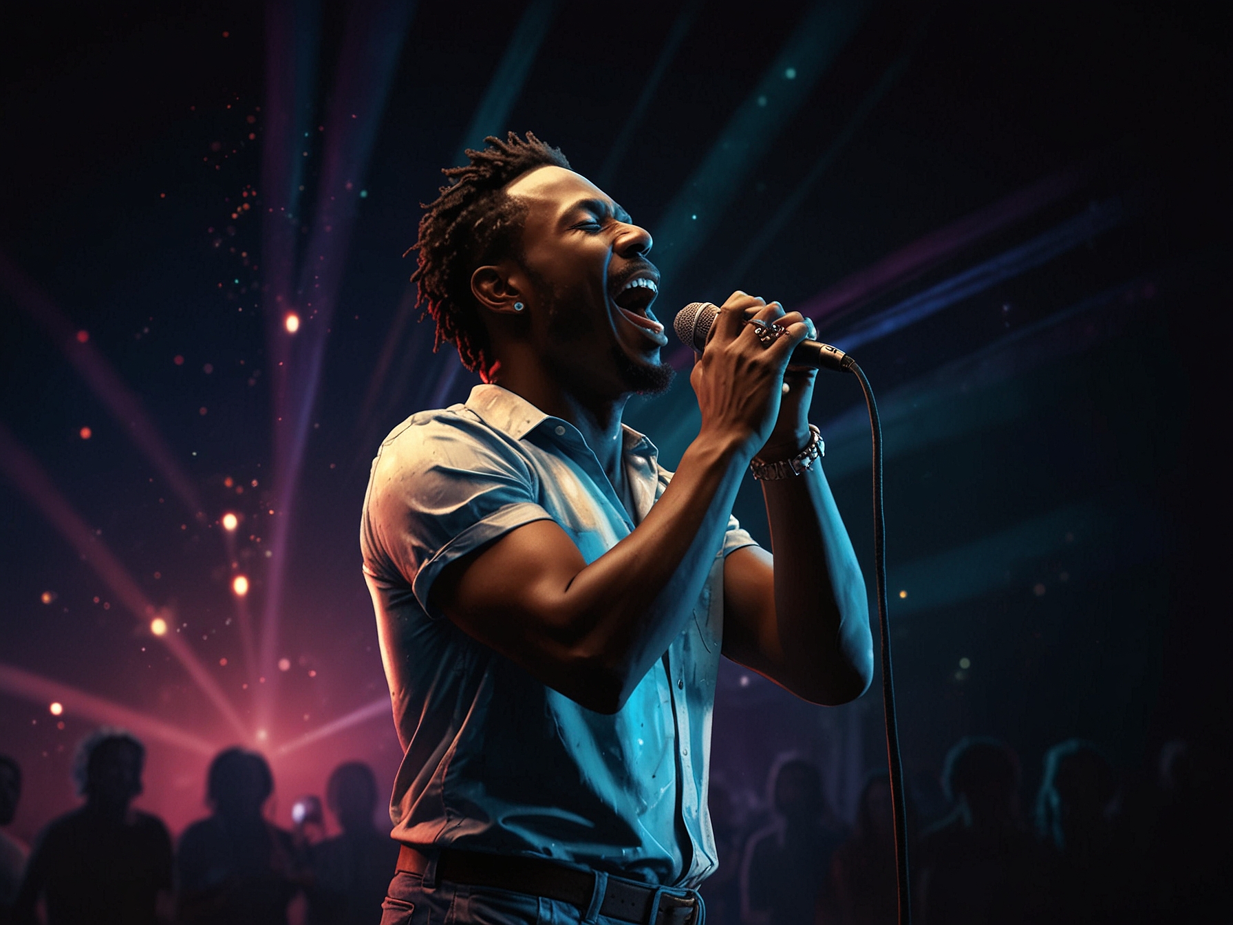 A dynamic image of Myles Smith performing live on stage, passionately singing into a microphone, with vibrant lights illuminating the backdrop, capturing the energy of his performance.