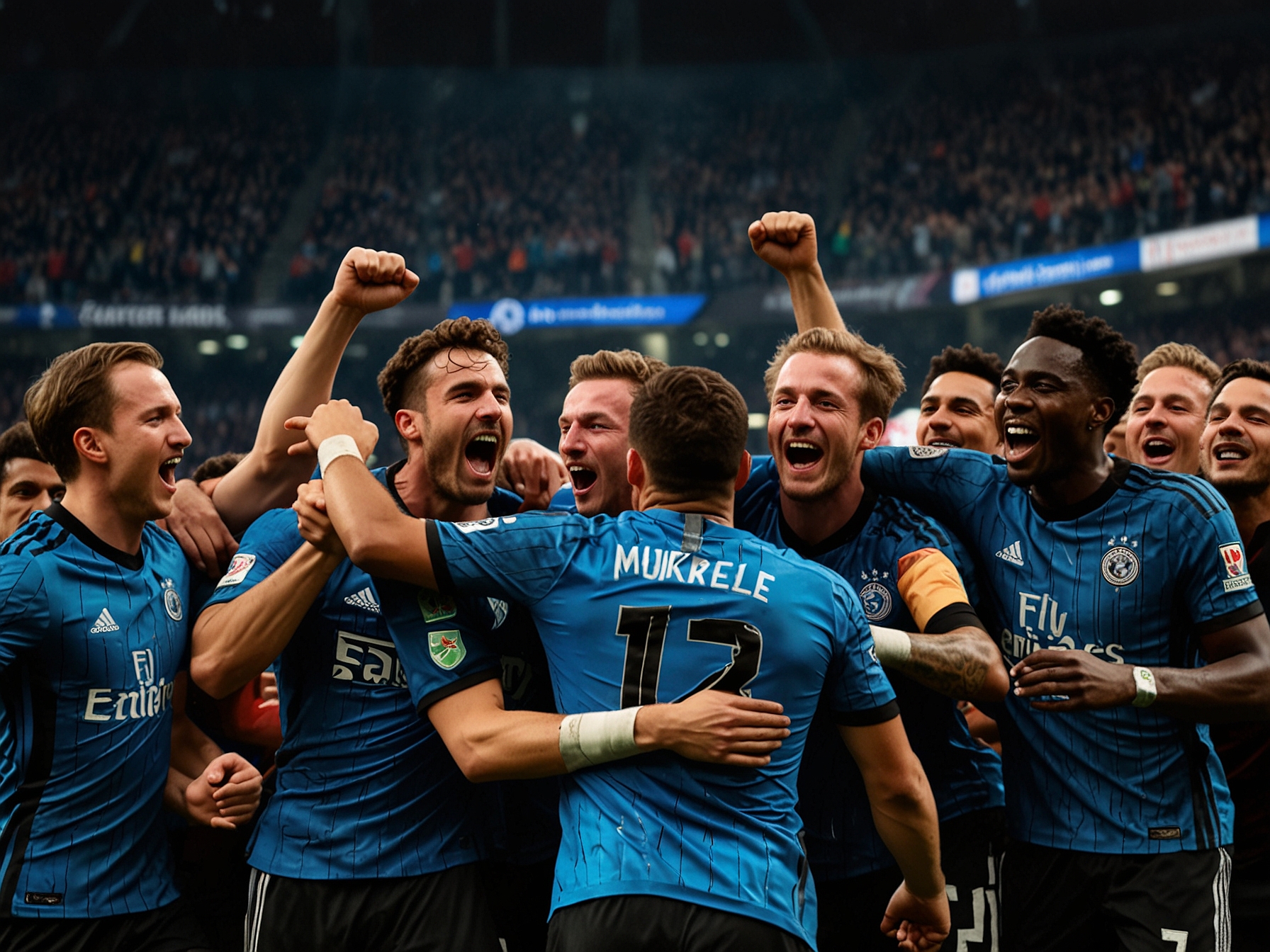 A jubilant Bayer Leverkusen team celebrates with players and fans after Nordi Mukiele's last-minute goal, capturing the thrill of their unexpected victory over Inter Milan in the Champions League.