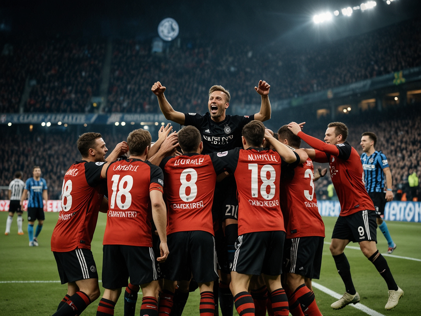 Nordi Mukiele is surrounded by ecstatic teammates as he scores the dramatic last-minute goal, showcasing the emotion and passion of Champions League football.