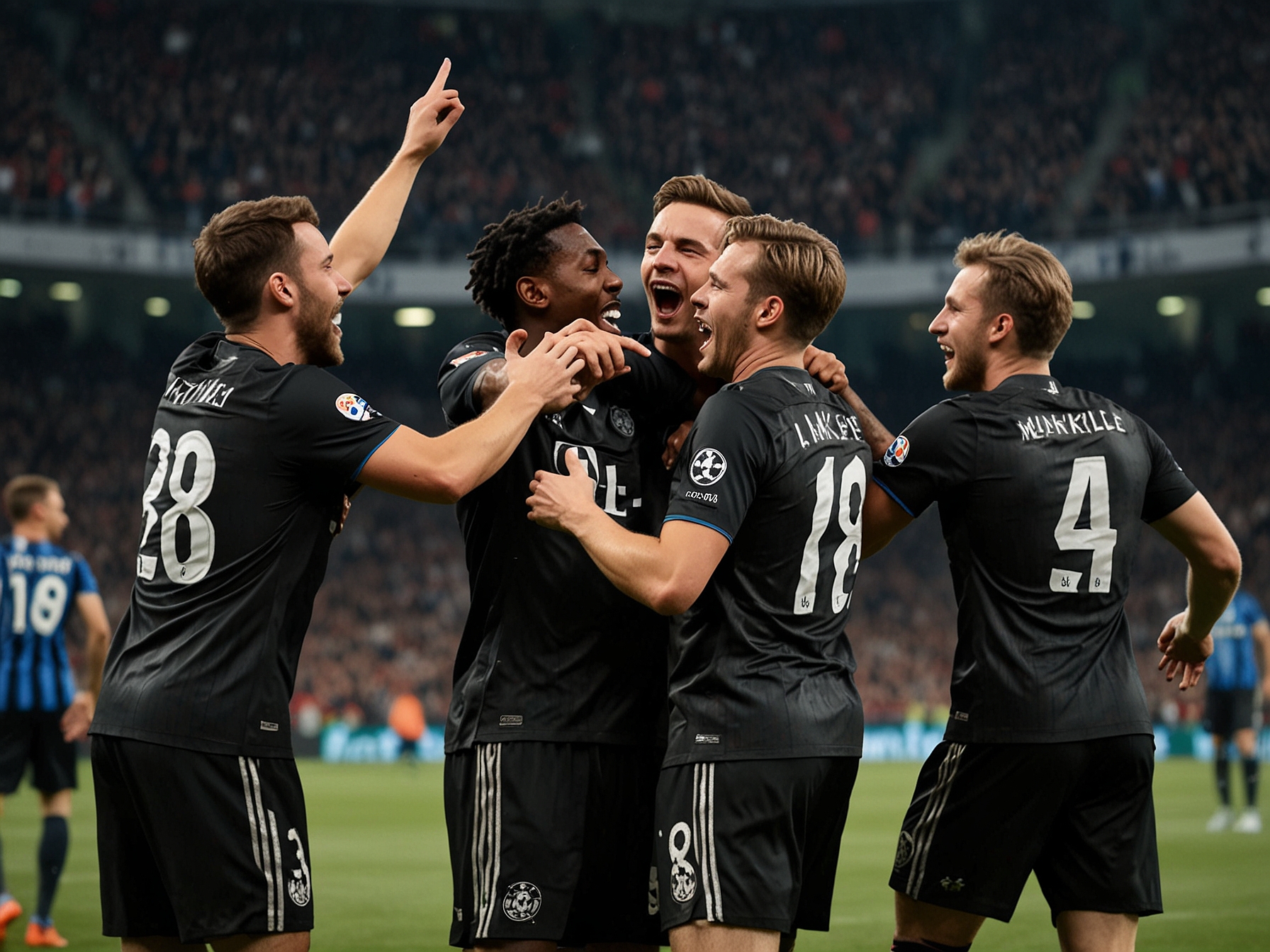 Fans of Bayer Leverkusen erupt in joy at the stadium, waving flags and cheering wildly after their team's stunning win against Inter Milan, encapsulating the spirit of the game.