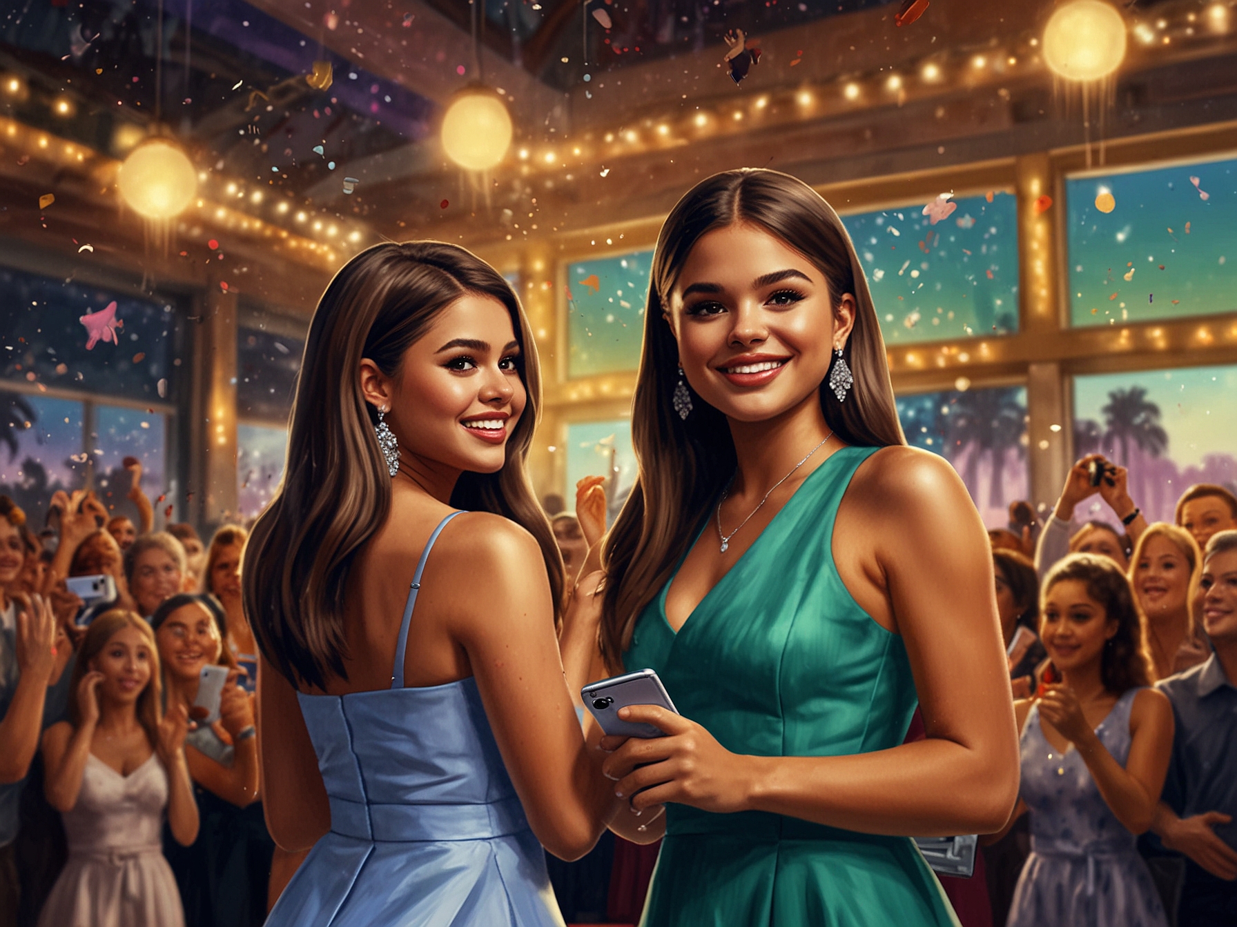 A collage of iconic moments from Selena Gomez in 'Emilia Pérez' and Ariana Grande in 'Wicked', showcasing their emotional expressions and powerful performances.