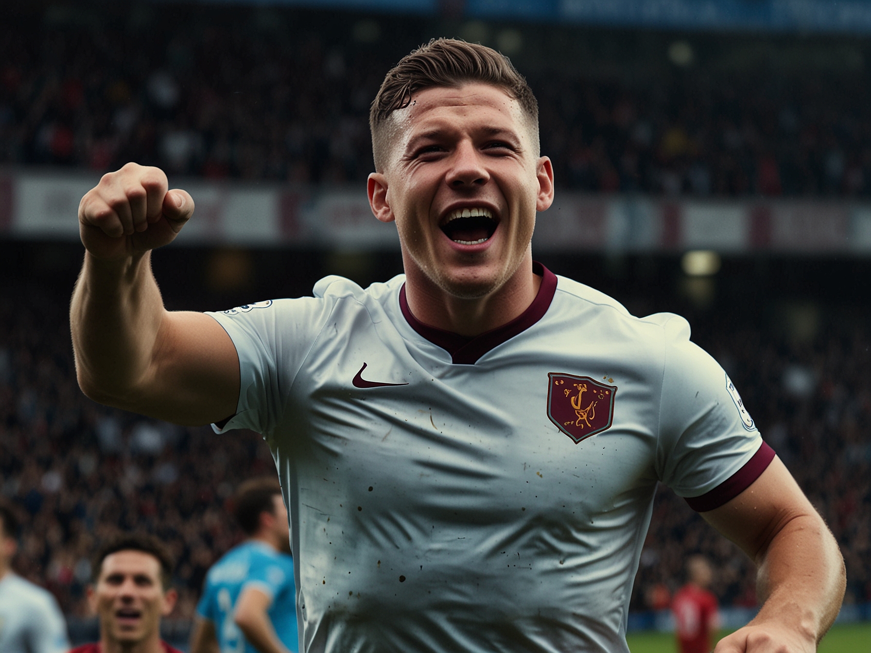 An ecstatic Ross Barkley celebrating after scoring the late winner for Aston Villa, surrounded by jubilant teammates in the vibrant atmosphere of the Leipzig stadium.