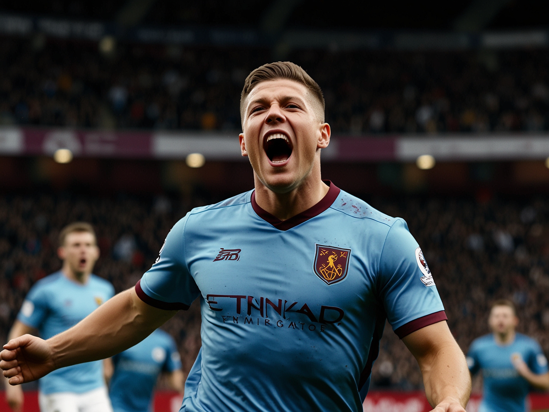 Aston Villa fans in the stands, waving flags and cheering loudly as their team secures a dramatic victory against RB Leipzig in the Champions League.