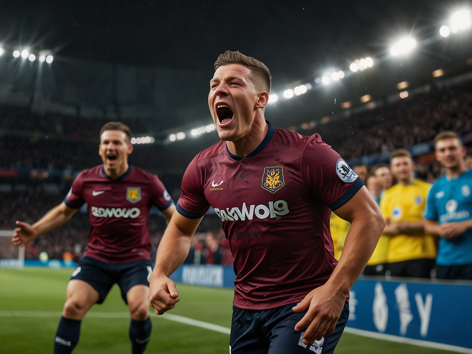 The intense match action showing John McGinn scoring the opening goal for Aston Villa, capturing the excitement and energy of the game early on.