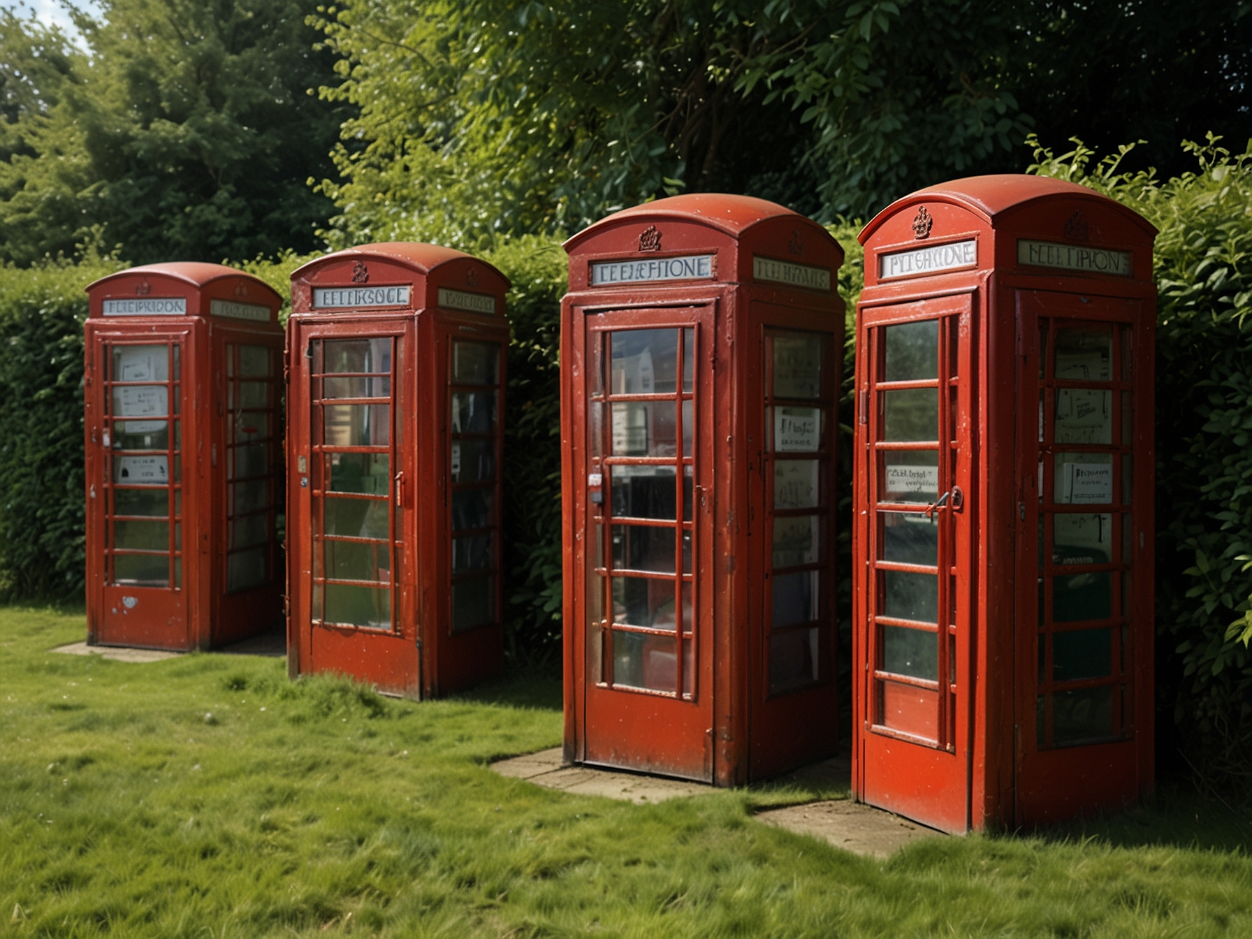 A vibrant row of faded red phone boxes leaning together in a lush green setting, symbolizing a bygone era of communication in Merstham.