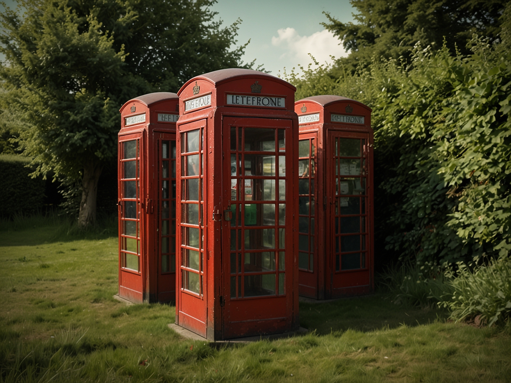 Visitors stroll through the red phone box cemetery, capturing the charm and nostalgia of these vintage artifacts against a serene village backdrop.