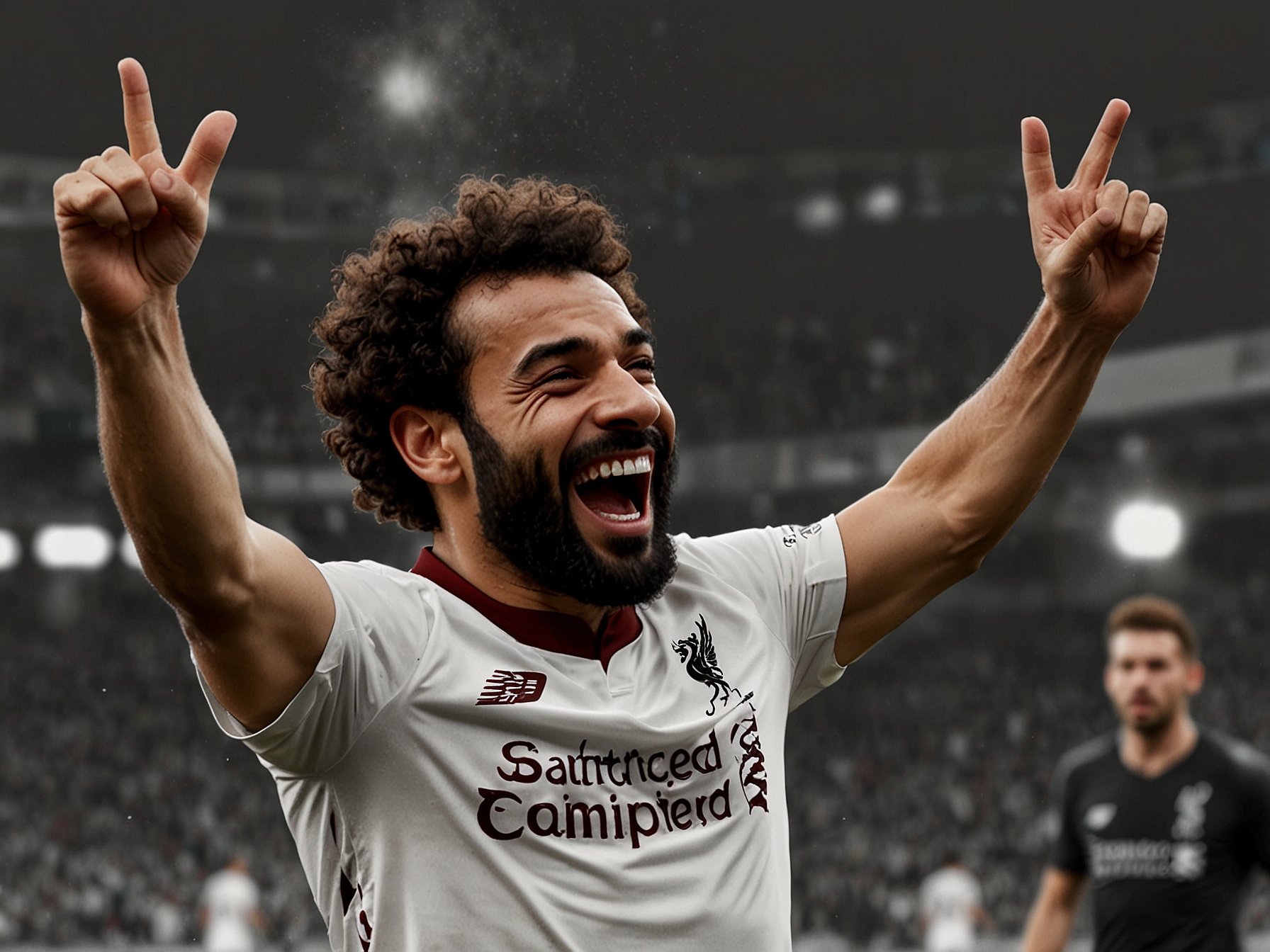 An action-packed scene showing Mohamed Salah celebrating after scoring a pivotal goal for Liverpool during a Champions League match, capturing the intensity and excitement of European football.