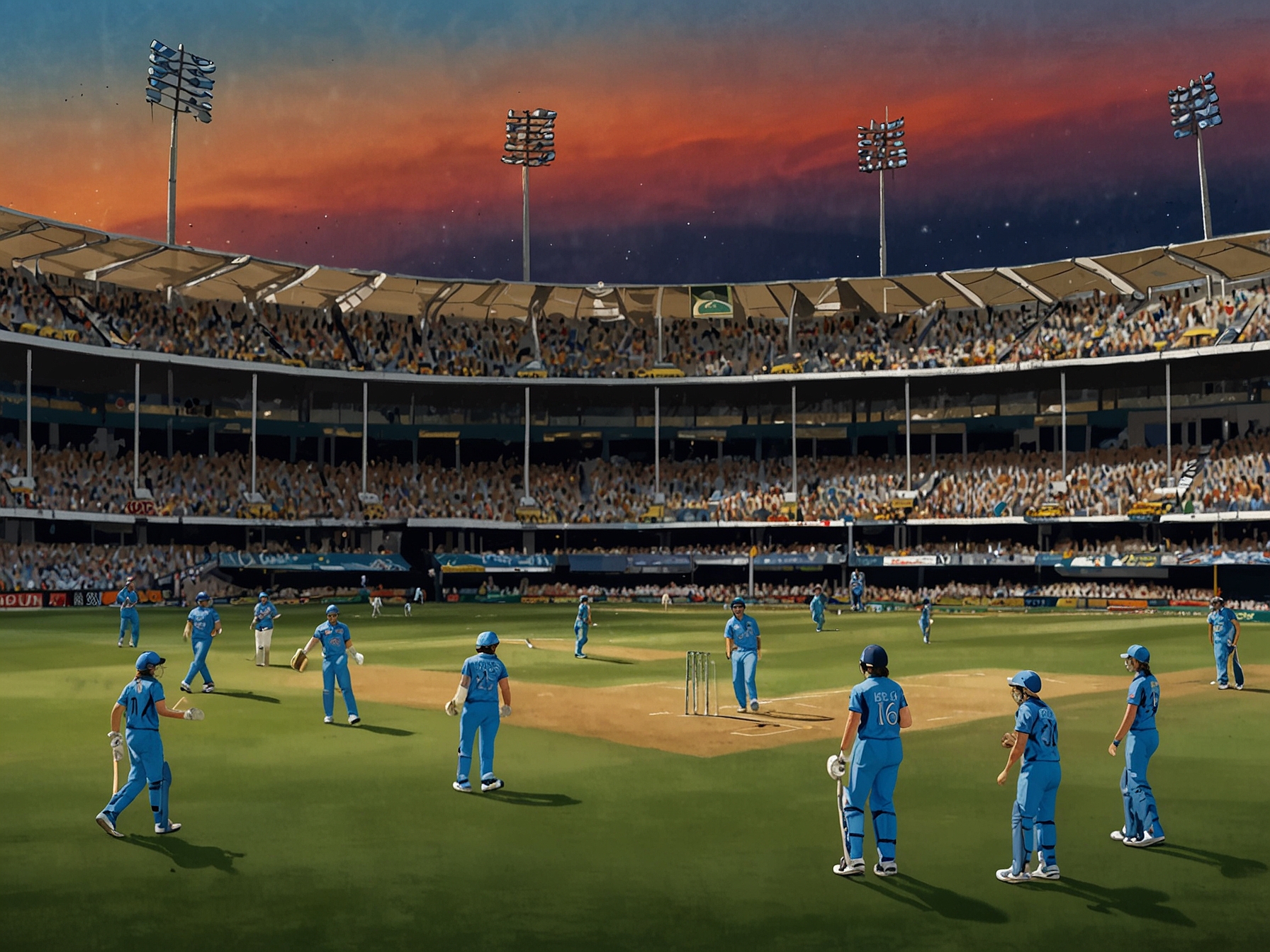 A vibrant scene from WACA Ground featuring excited cricket fans, showcasing the electric atmosphere during the Australia vs India Women ODI match. Players are in action, fueling the anticipation in the crowd.