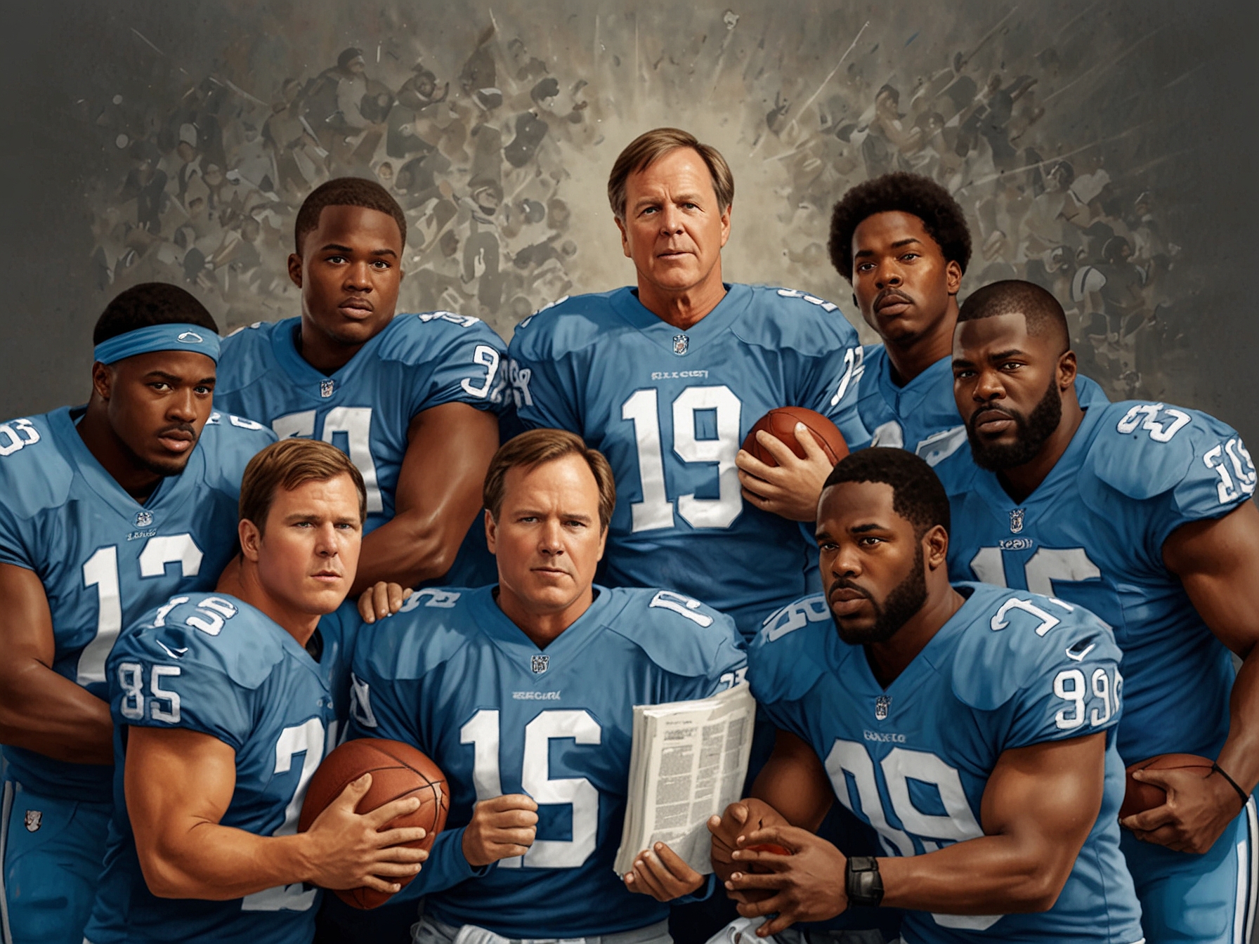 An illustration depicting Bill Belichick holding a thick manual titled 'Organizational Bible' surrounded by North Carolina football players, symbolizing a new era in college football coaching.