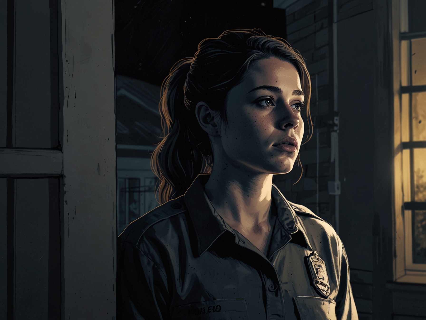 A tense scene depicting Olivia Ponton looking worried outside Joe Burrow's home, with police lights flashing in the background, symbolizing the confusion and concern following the burglary incident.