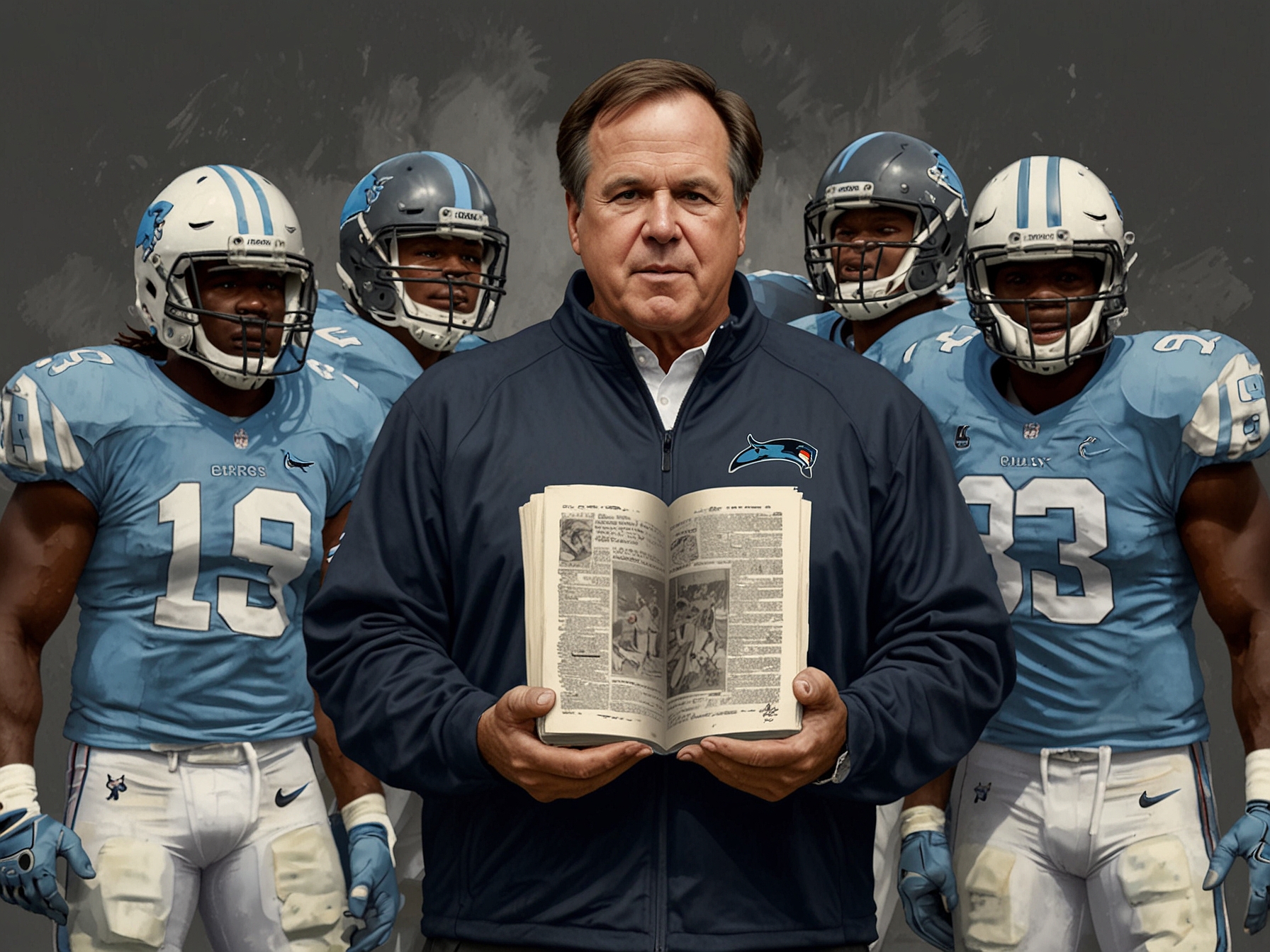 A dynamic football field scene with Belichick in a strategic huddle with players, illustrating his commitment to team building and comprehensive coaching philosophy.