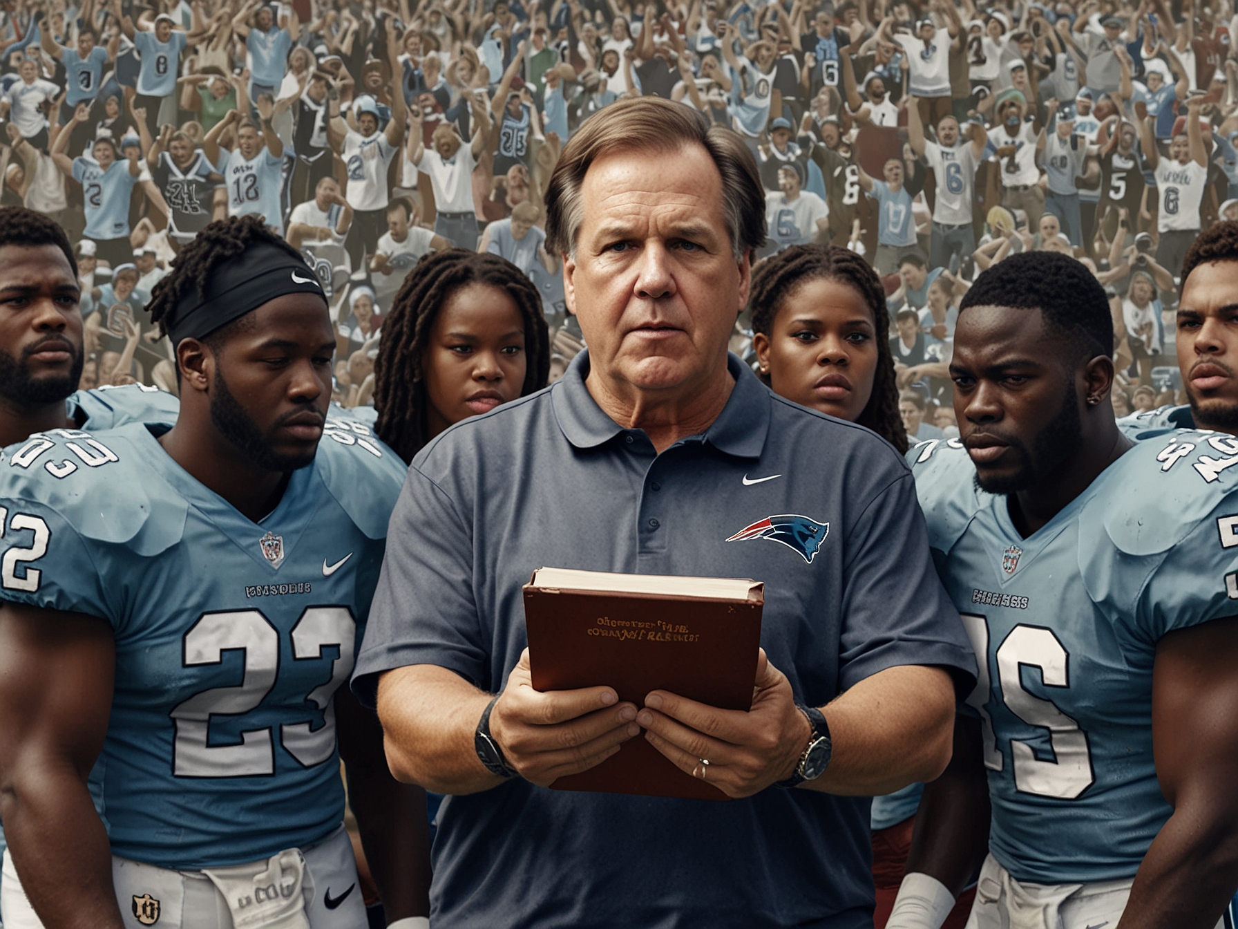 A split image showcasing Belichick's legacy with the Patriots on one side and his new role at North Carolina on the other, highlighting his transition in coaching strategy.