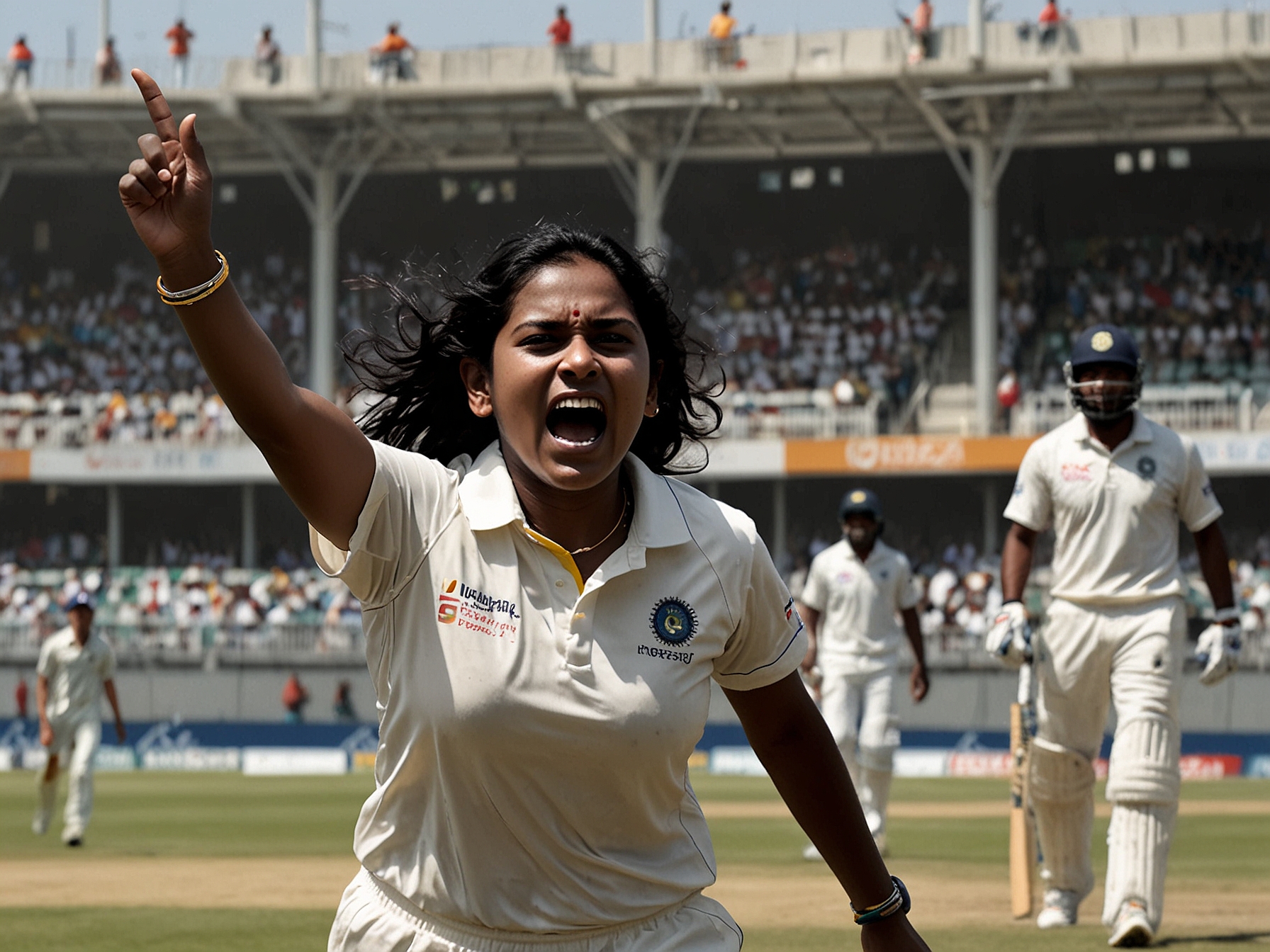 Arundhati Reddy celebrating after taking a wicket, showcasing her determination and skill, with a backdrop of the WACA ground filled with cheering fans. Her expression reflects the thrill of her remarkable performance during the match.