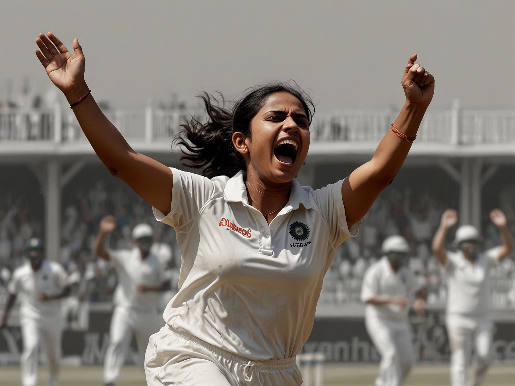A close-up of Arundhati Reddy in action, mid-delivery as she bowls with intense focus, highlighting her technique and the gripping atmosphere of the game at WACA, where cricket enthuses a diverse crowd.