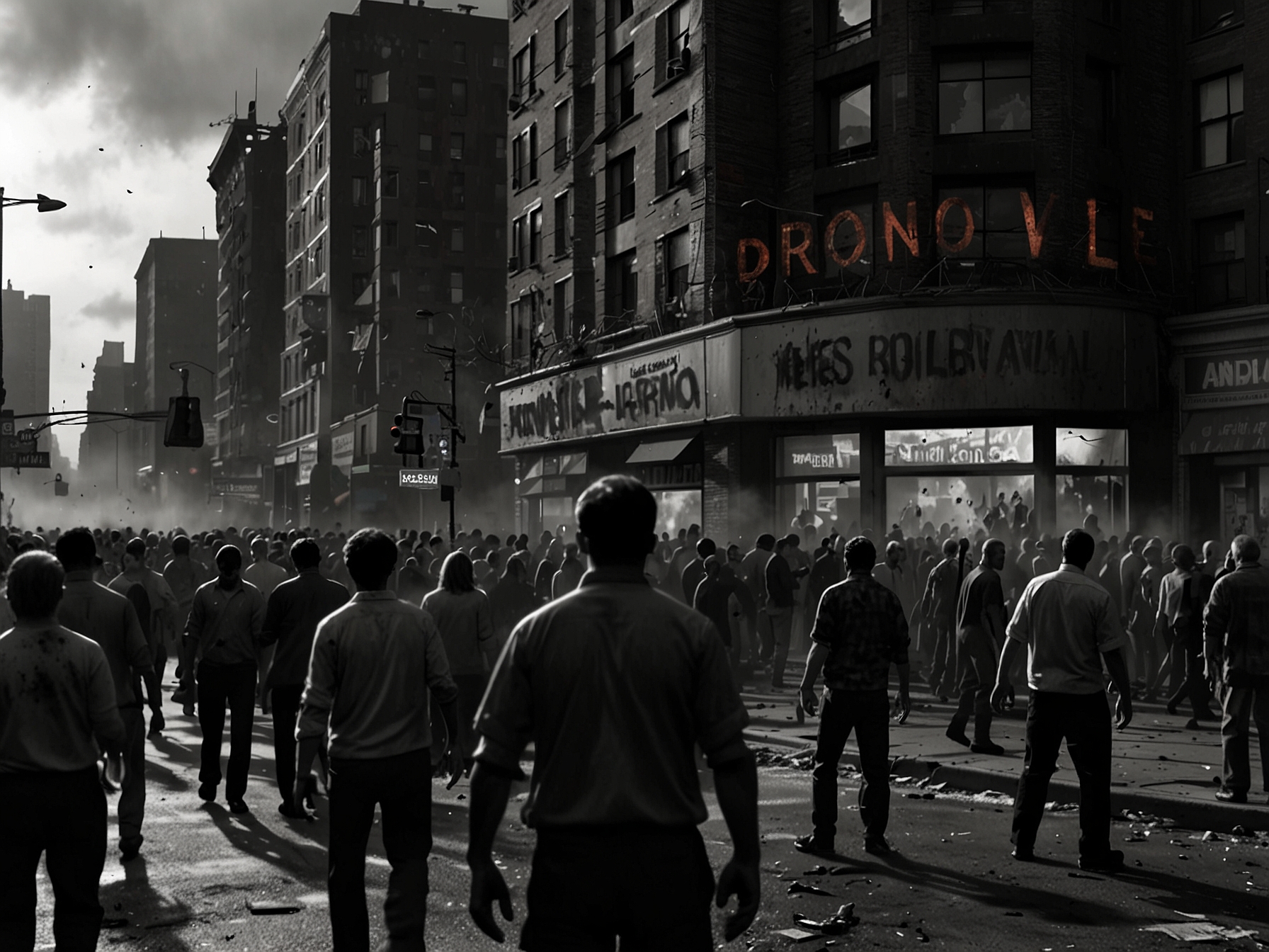 An intense scene from the '28 Years Later' trailer featuring a chaotic city street filled with zombies, highlighting themes of survival and fear.
