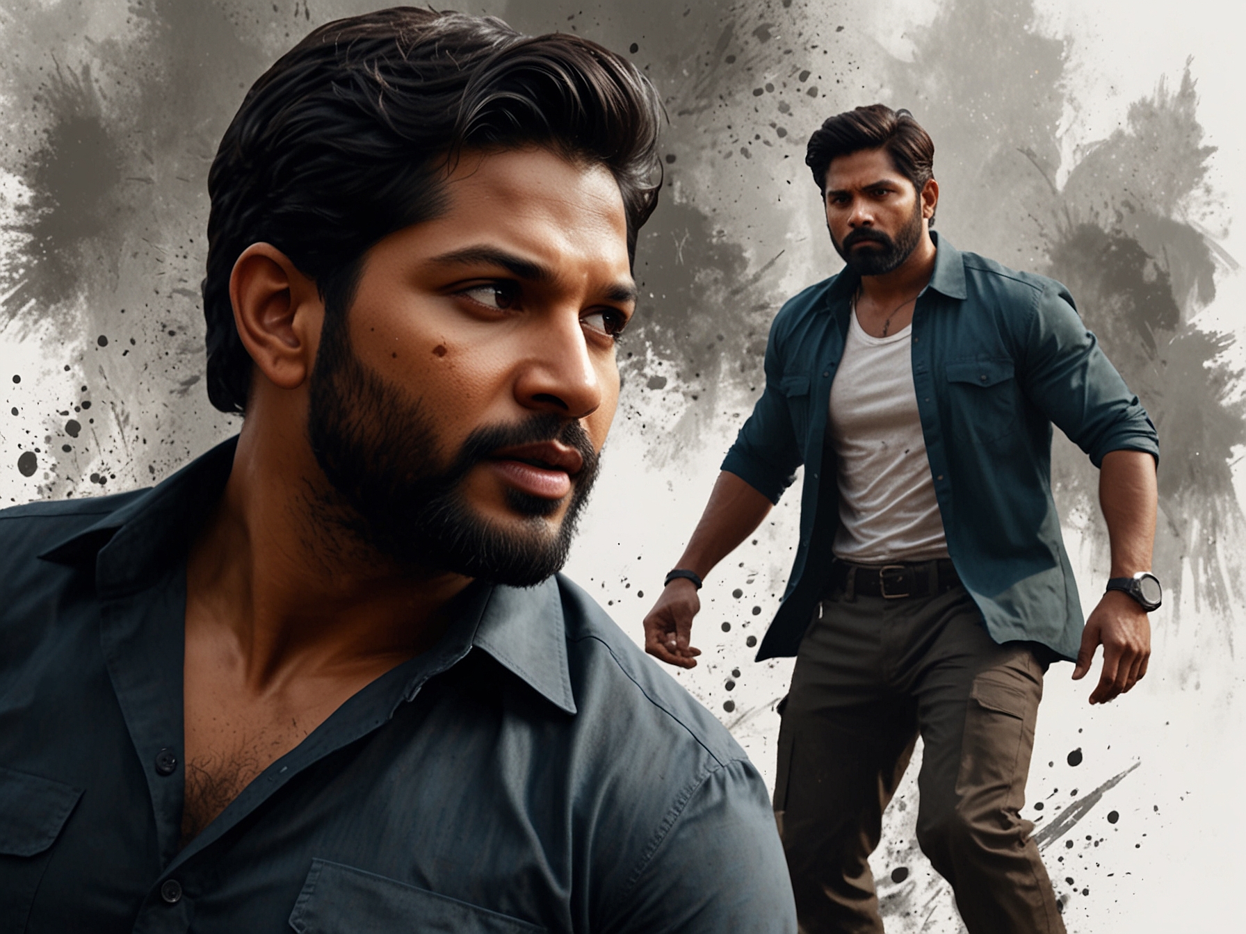 A dynamic scene from Pushpa 2 showcasing intense action between Allu Arjun and Fahadh Faasil, with a vivid backdrop symbolizing the film's dramatic themes of rivalry and resilience.