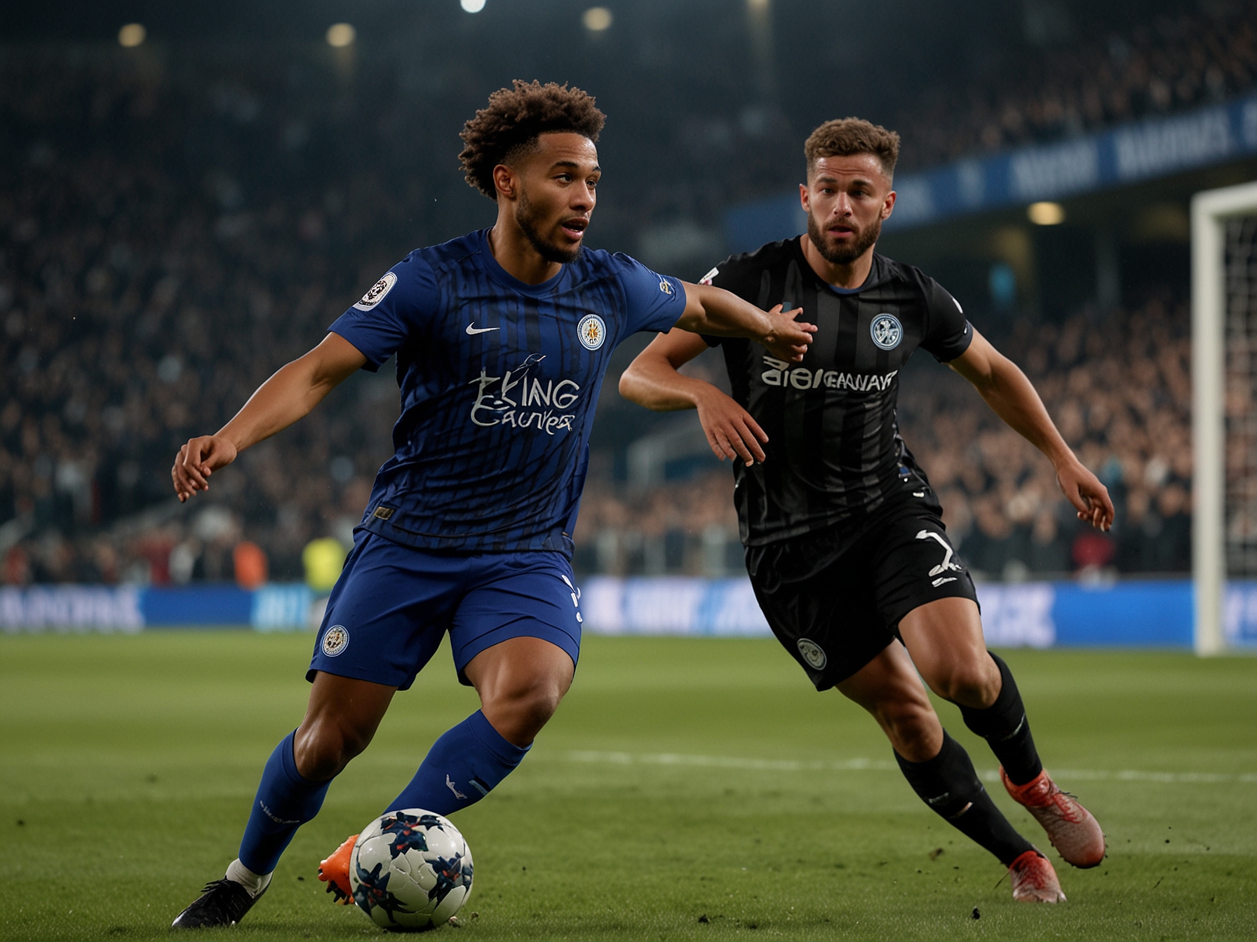 A dynamic action shot of Jude Bellingham dribbling past an Atalanta defender during a Champions League match, with fans cheering in the background, capturing the excitement of the game.