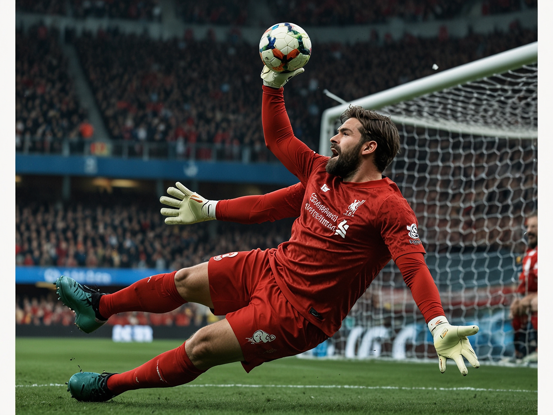 A dynamic image of Alisson in action during the match against Girona, showcasing his agility and goalkeeping skills as he makes a critical save. The intensity of the game is evident, with passionate fans in the background.