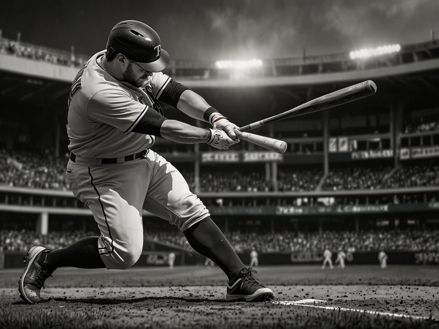 An action shot of Jake Burger hitting a home run in a game, showcasing his powerful swing and athleticism, with the Texas Rangers' logo in the background.