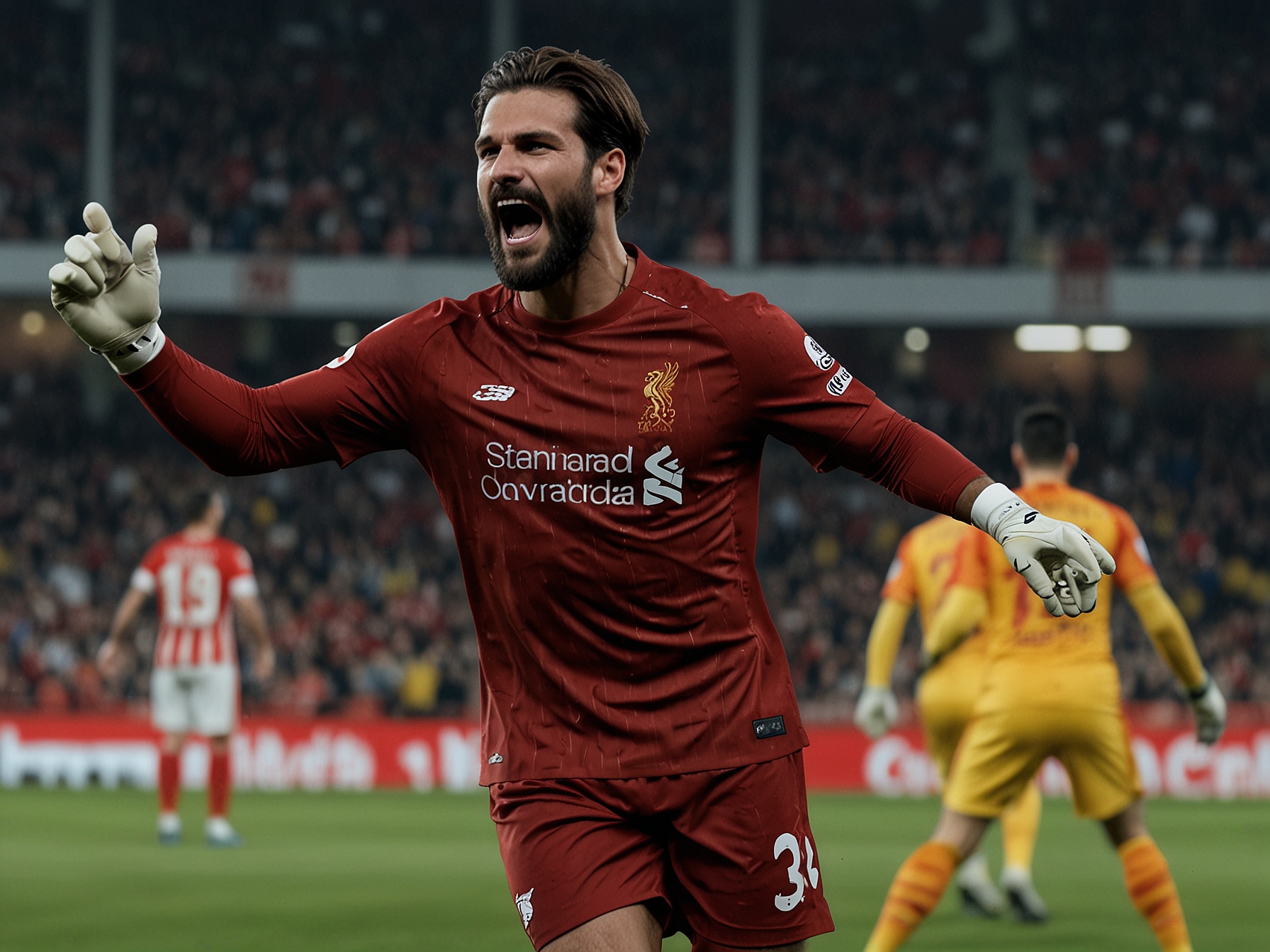 An aerial view of the Liverpool squad celebrating after the victory against Girona, highlighting Alisson in the center as a focal point of the team's defensive strength.