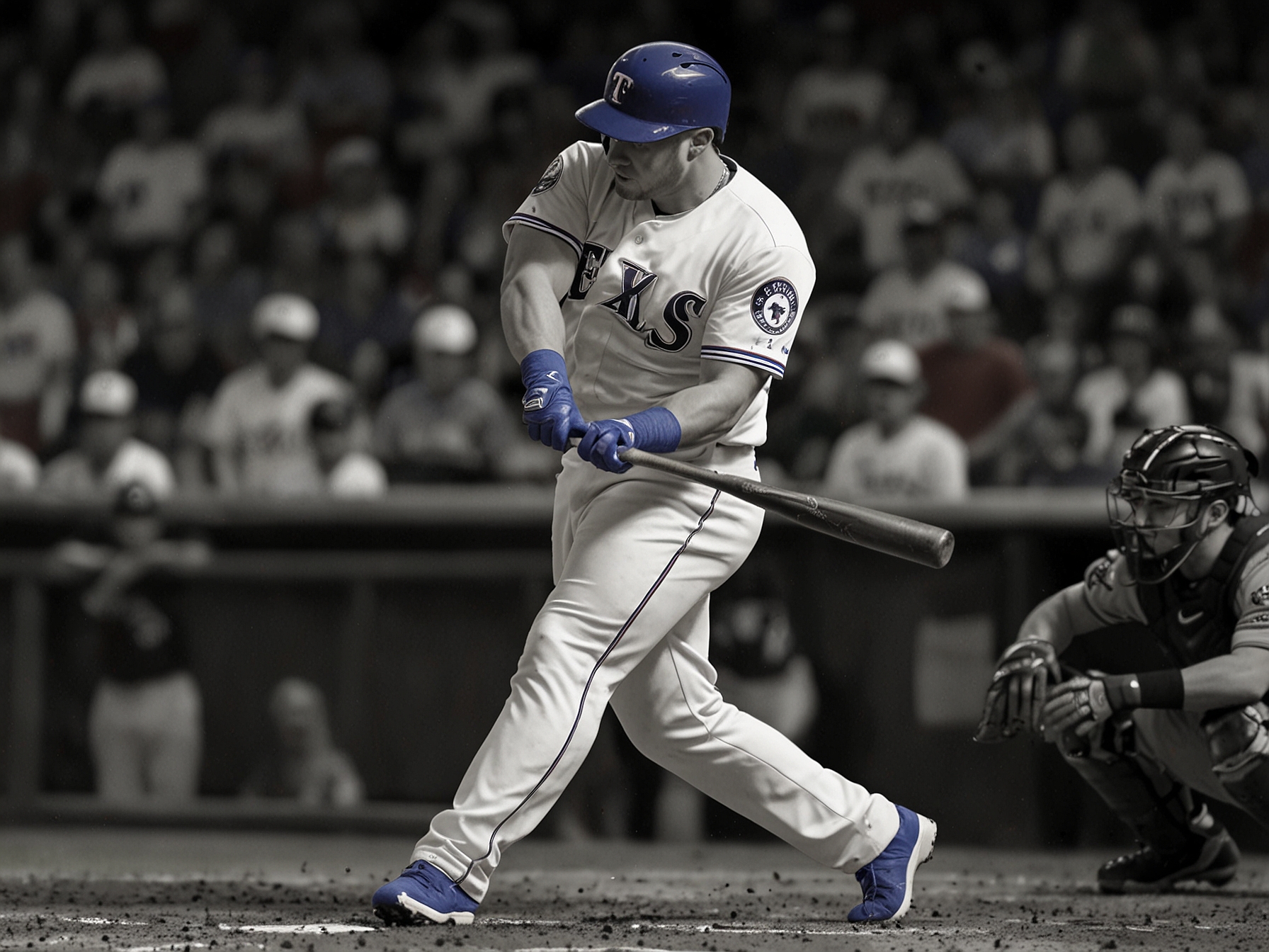 A graphic showing Burger's impressive 2023 statistics including home runs and batting average, highlighting his recent performance and potential impact on the Rangers' season.