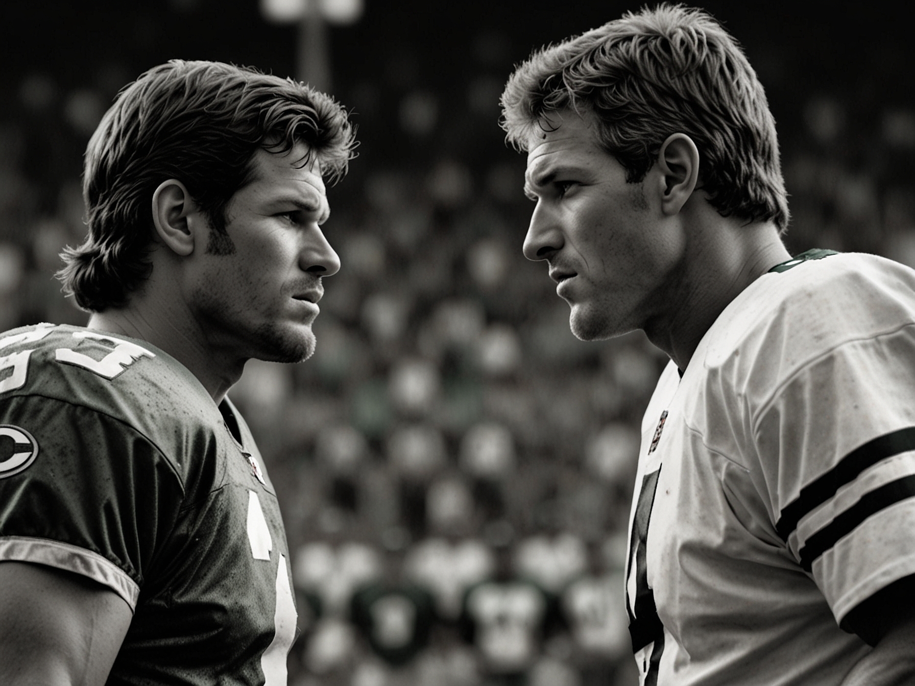 An intense face-off between Mark Gastineau and Brett Favre at a memorabilia show, capturing the raw emotion and historic rivalry that defines their complicated relationship. Fans in the background witness the confrontation, embodying nostalgia and unresolved tension from their past.