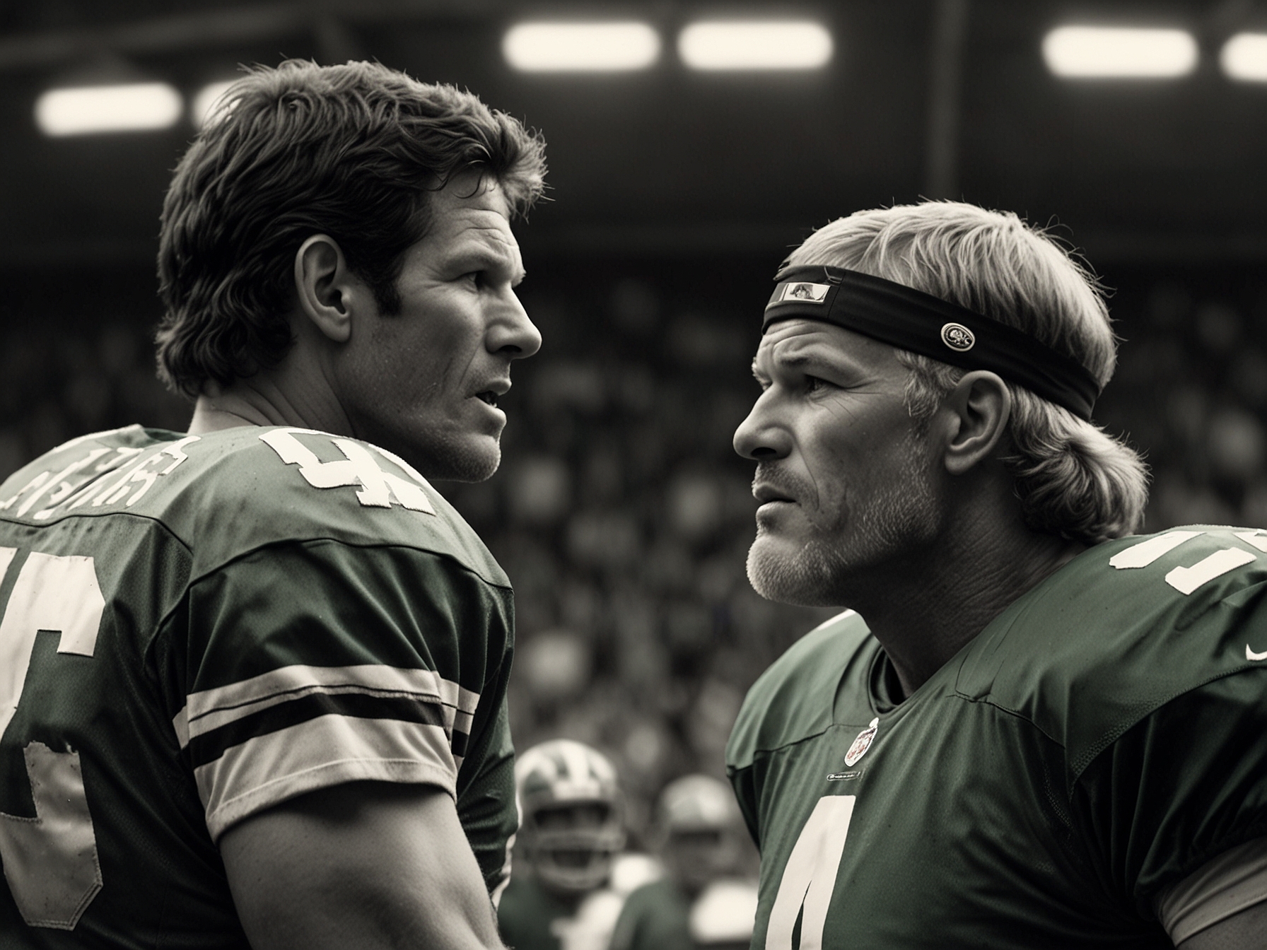 A close-up of Mark Gastineau expressing frustration during his confrontation with Brett Favre, showcasing the depth of emotion as he recalls a controversial moment from their NFL days, surrounded by memorabilia.