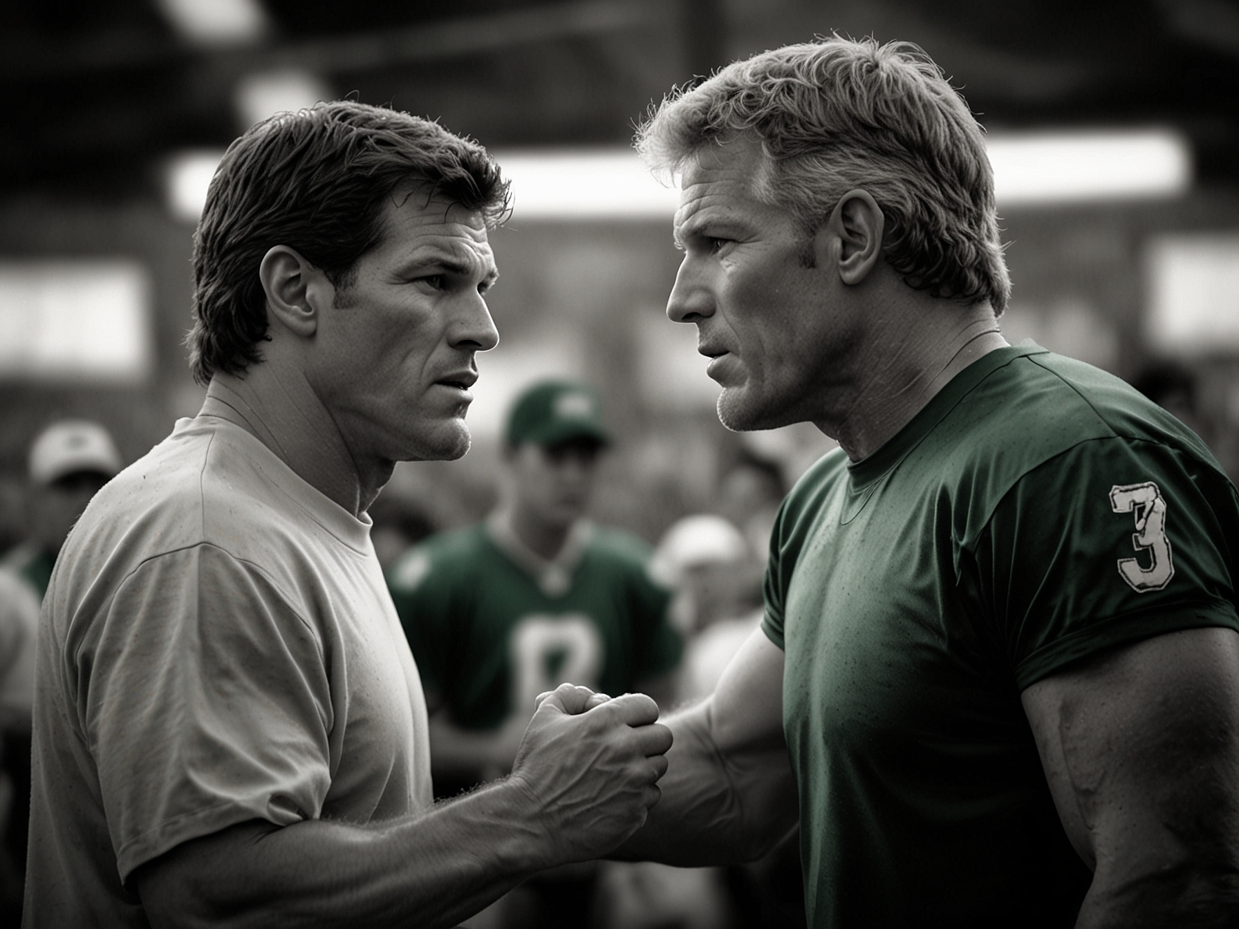 Brett Favre looking surprised during his tense exchange with Mark Gastineau at the memorabilia event, highlighting the unexpected nature of their long-standing rivalry and the emotions tied to past grievances.