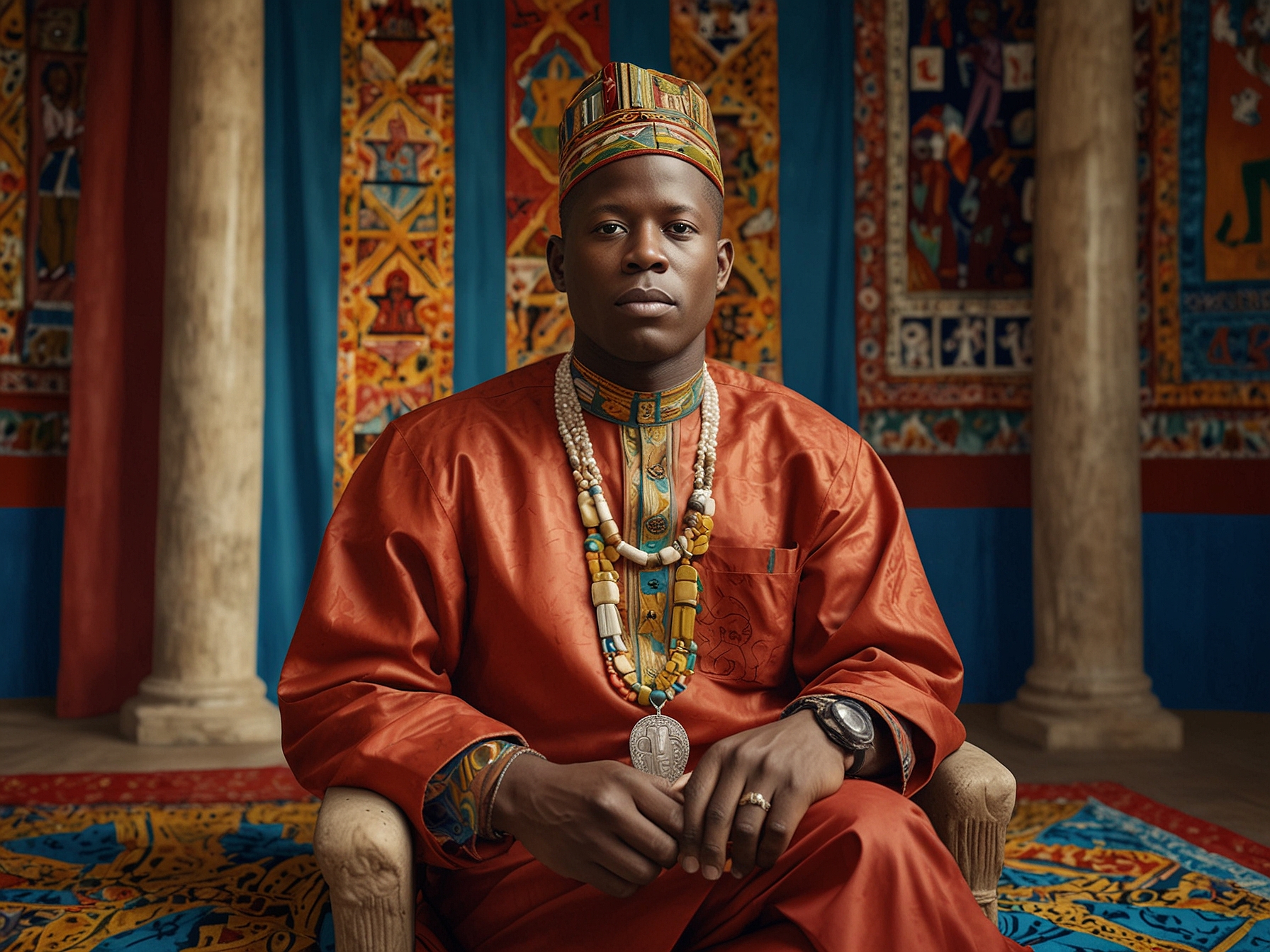 A vibrant portrait of Kennedy Johnson dressed in royal attire, sitting regally in front of the Tamale palace, surrounded by colorful fabrics and traditional Ghanaian symbols, embodying empowerment and cultural pride.