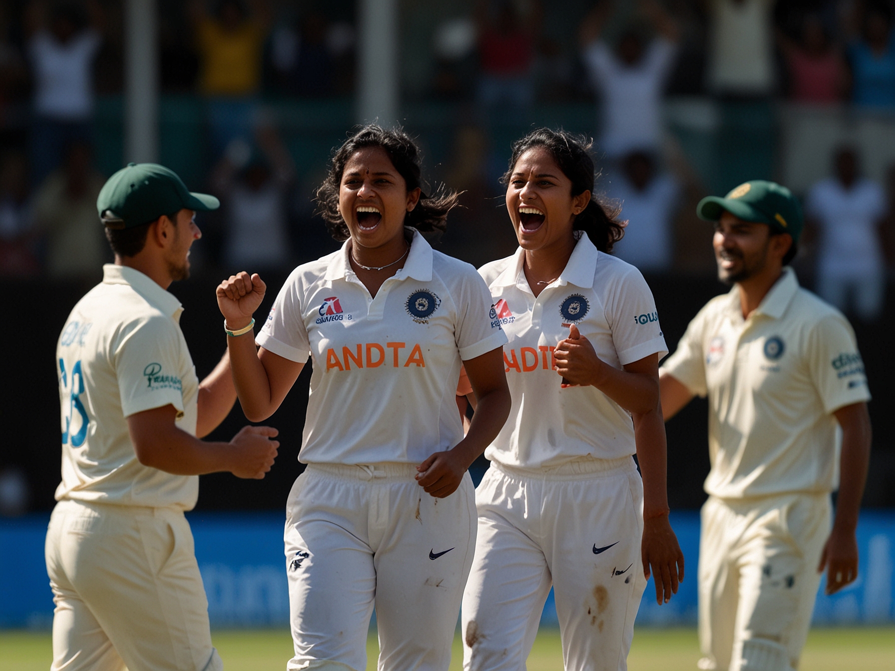 Fans in the stadium erupting in cheers as Arundhati Reddy claims an important wicket during the tense cricket match.