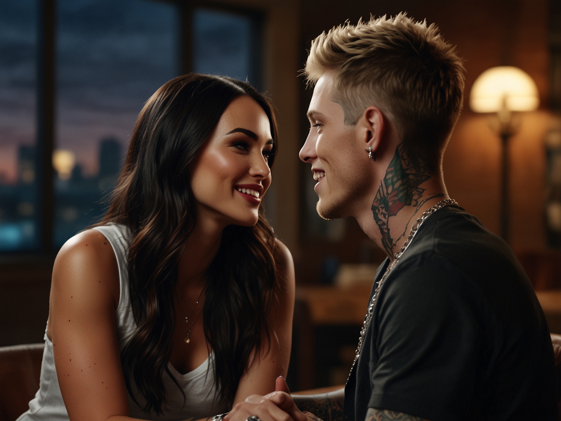 A contrasting image depicting Megan Fox and Machine Gun Kelly looking pensive and distant during a public appearance, highlighting the tensions and challenges in their passionate relationship.