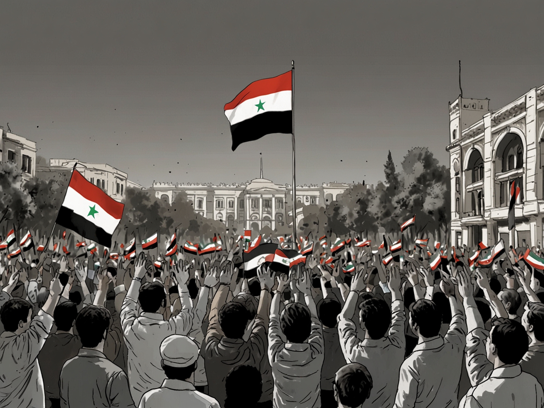 A large crowd gathers in Umayyad Square, Damascus, waving flags and cheering as they celebrate Bashar al-Assad's departure, symbolizing the hope for a new beginning in Syria.